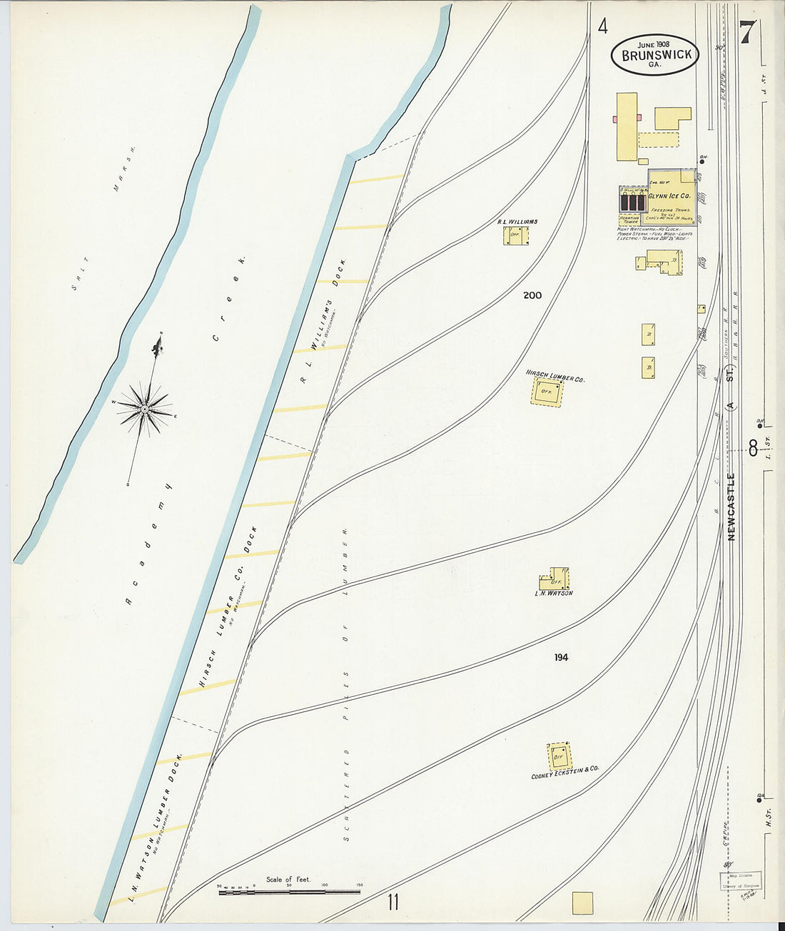 This old map of Brunswick, Glynn County, Georgia was created by Sanborn Map Company in 1908