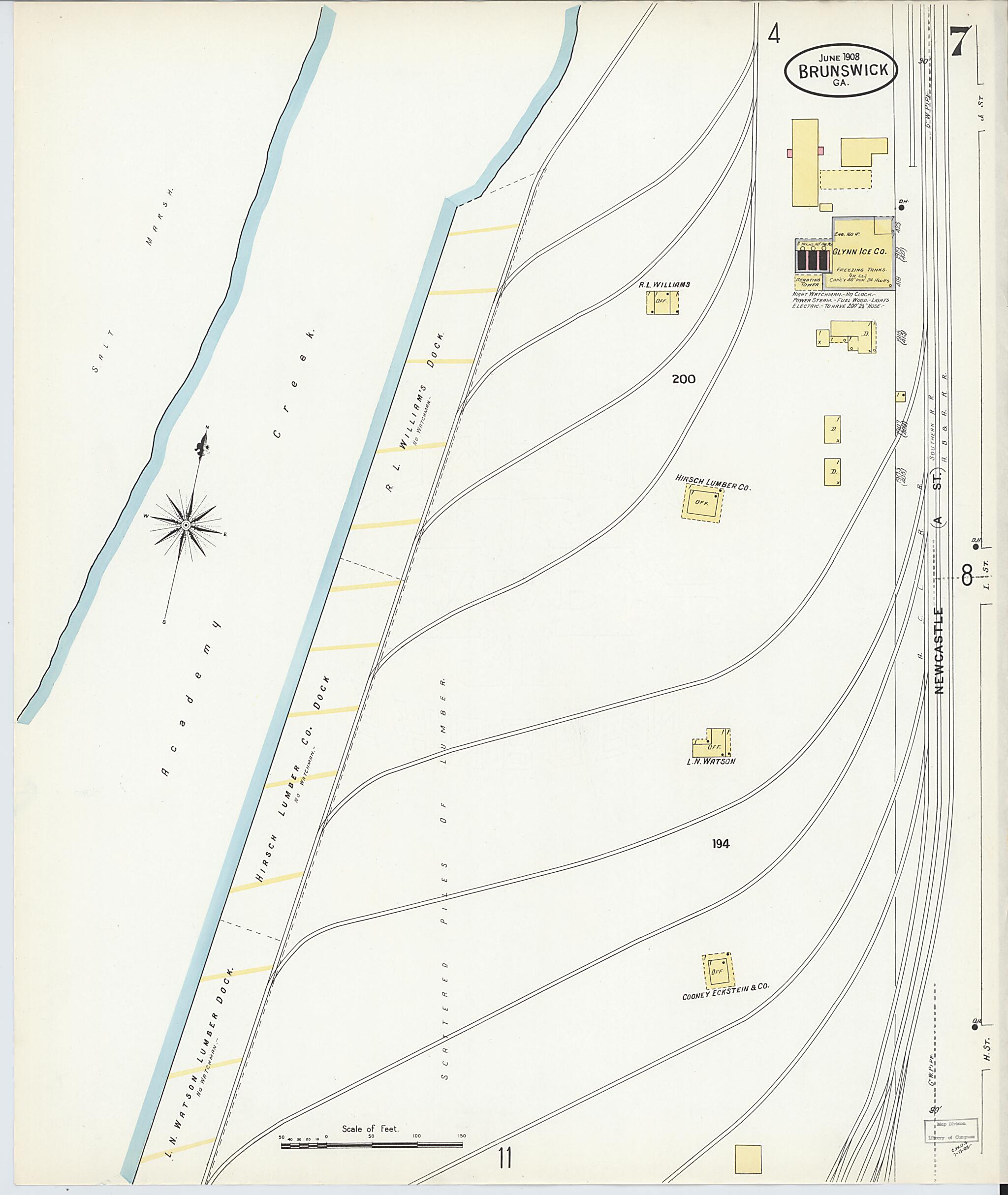 This old map of Brunswick, Glynn County, Georgia was created by Sanborn Map Company in 1908