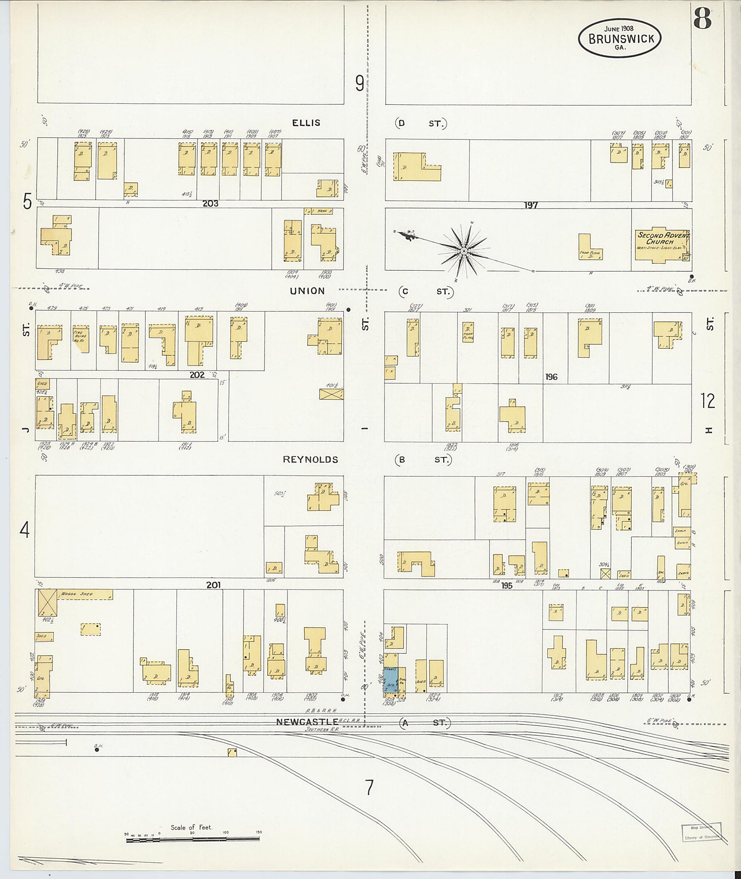 This old map of Brunswick, Glynn County, Georgia was created by Sanborn Map Company in 1908