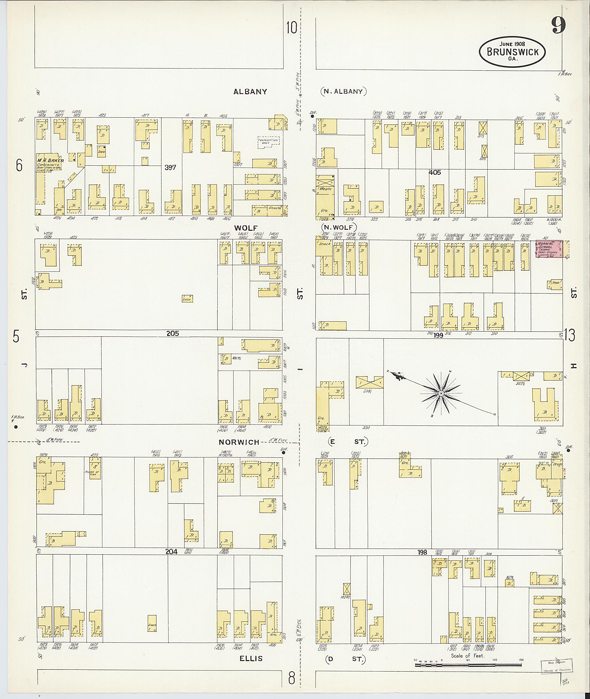 This old map of Brunswick, Glynn County, Georgia was created by Sanborn Map Company in 1908