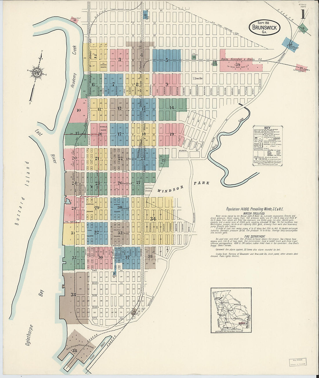 This old map of Brunswick, Glynn County, Georgia was created by Sanborn Map Company in 1913