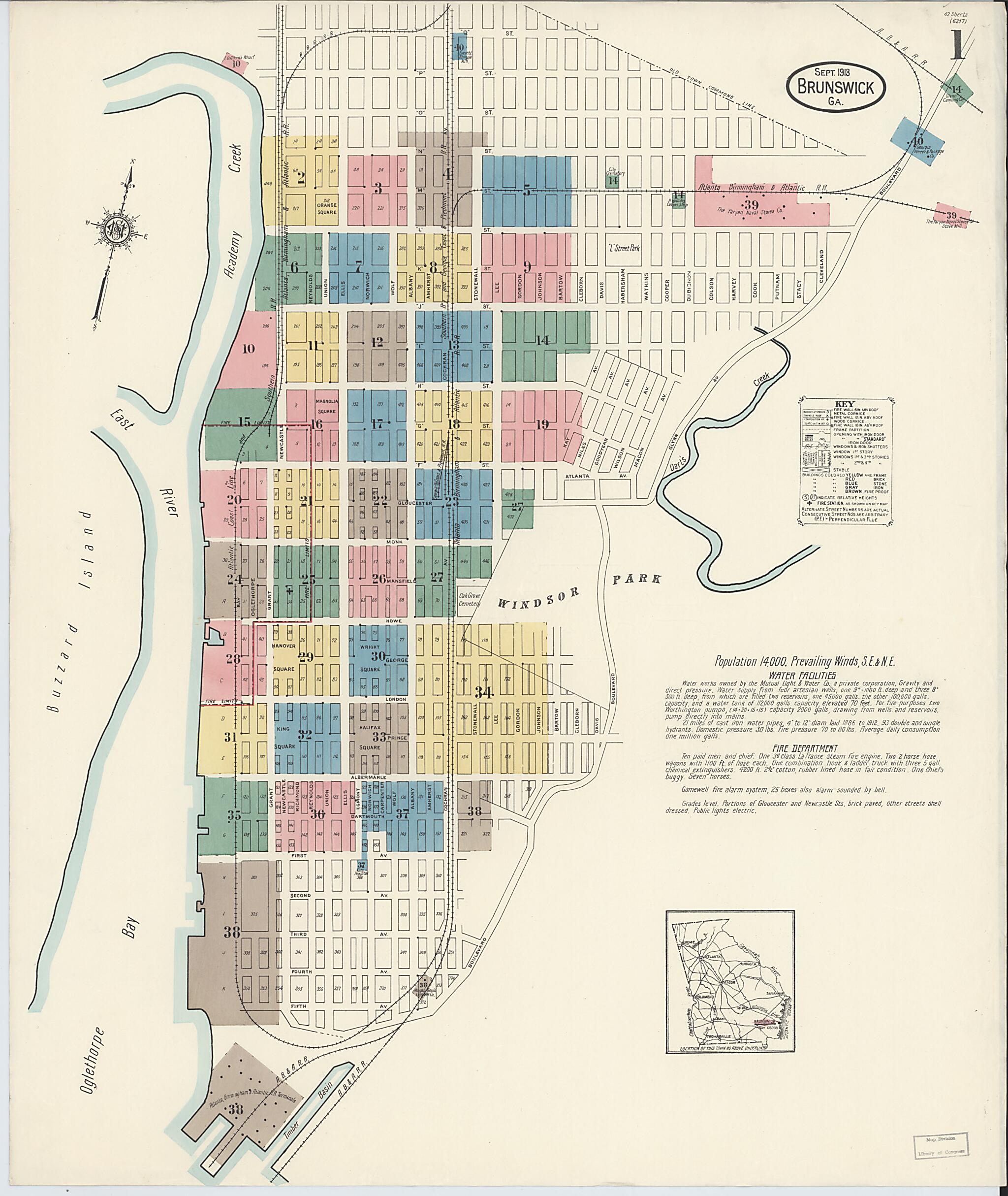 This old map of Brunswick, Glynn County, Georgia was created by Sanborn Map Company in 1913