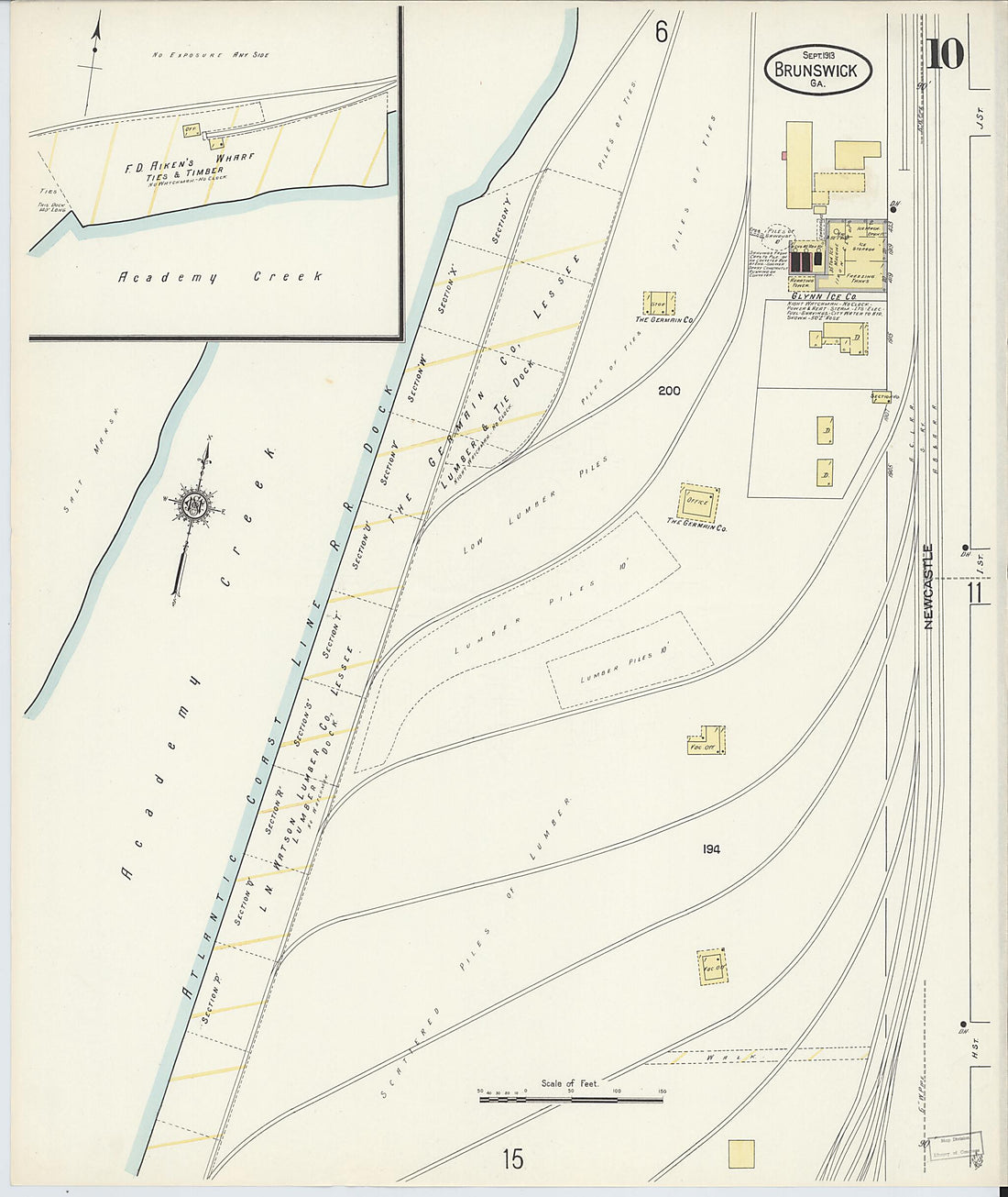 This old map of Brunswick, Glynn County, Georgia was created by Sanborn Map Company in 1913