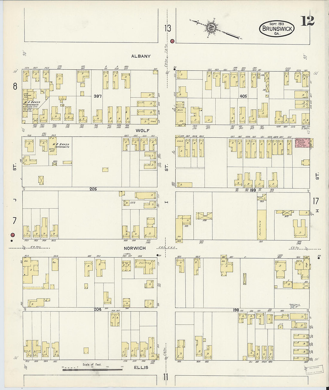 This old map of Brunswick, Glynn County, Georgia was created by Sanborn Map Company in 1913