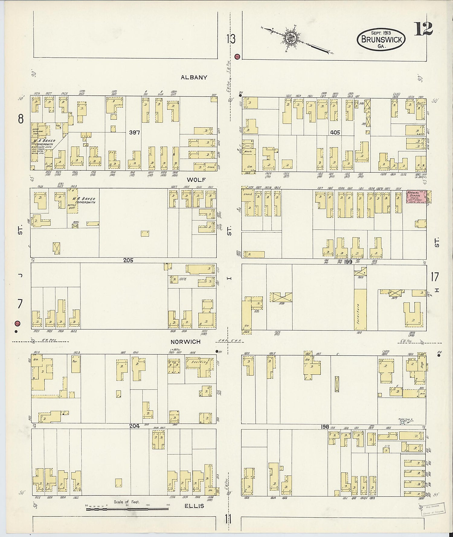 This old map of Brunswick, Glynn County, Georgia was created by Sanborn Map Company in 1913