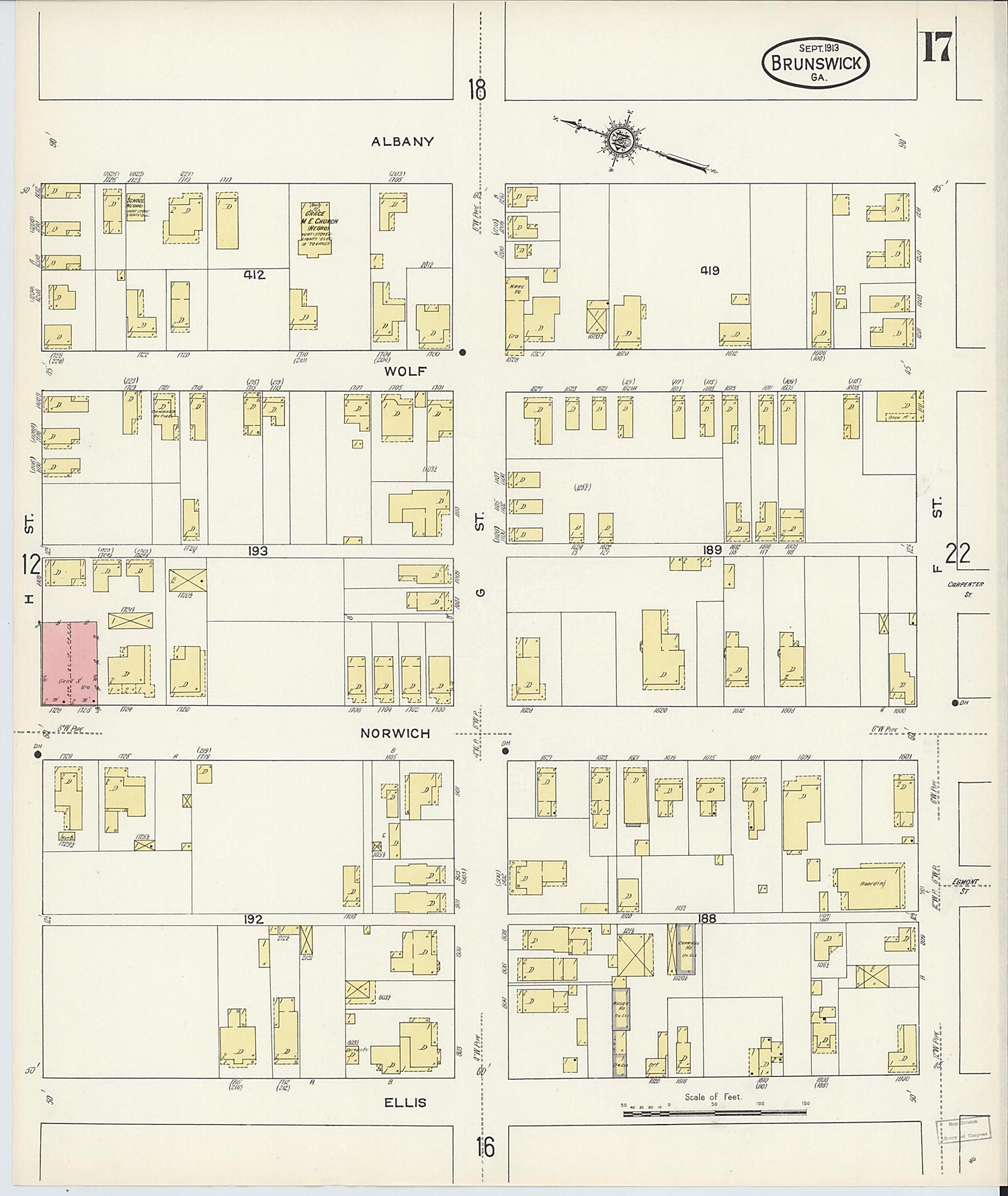 This old map of Brunswick, Glynn County, Georgia was created by Sanborn Map Company in 1913