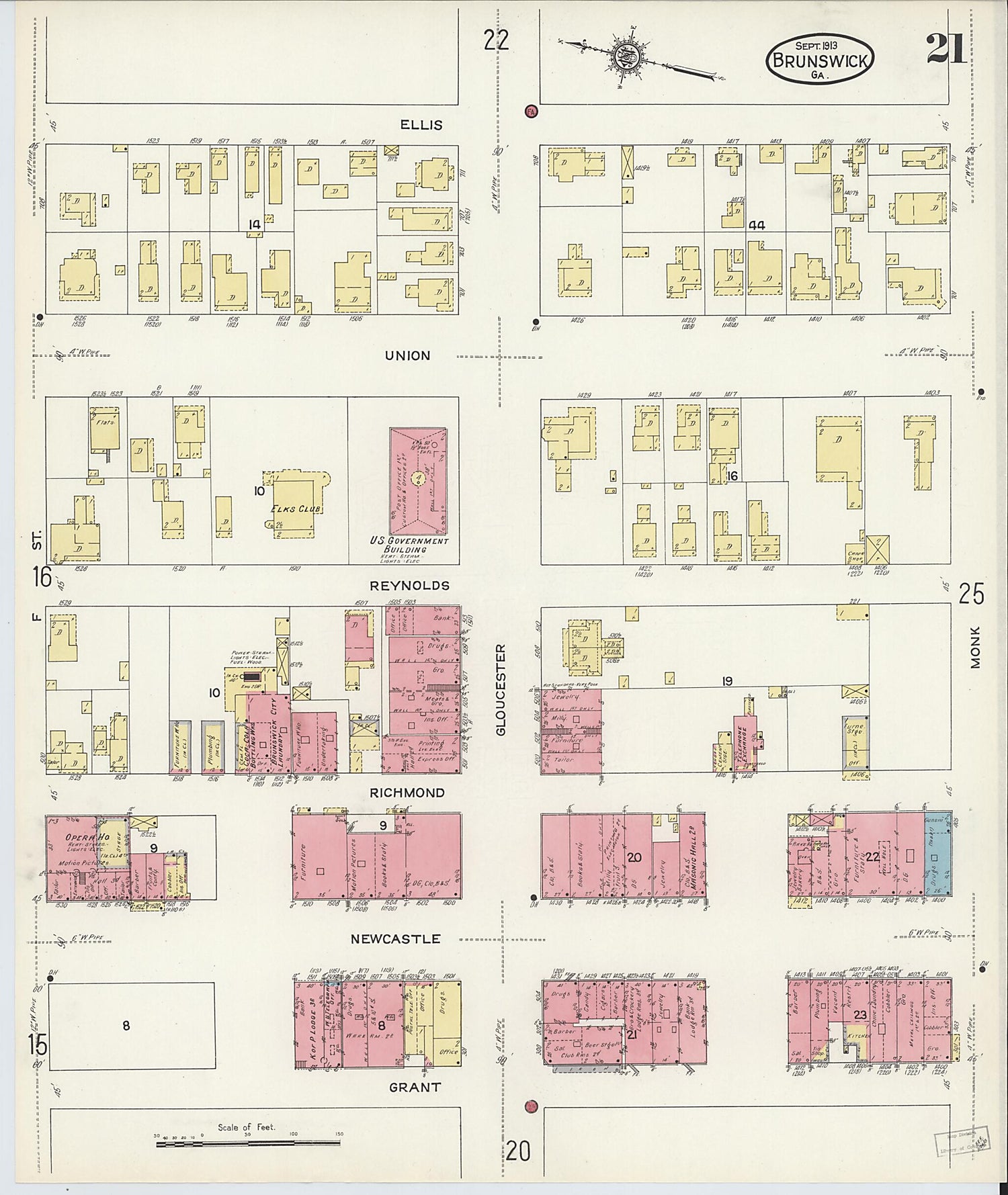 This old map of Brunswick, Glynn County, Georgia was created by Sanborn Map Company in 1913