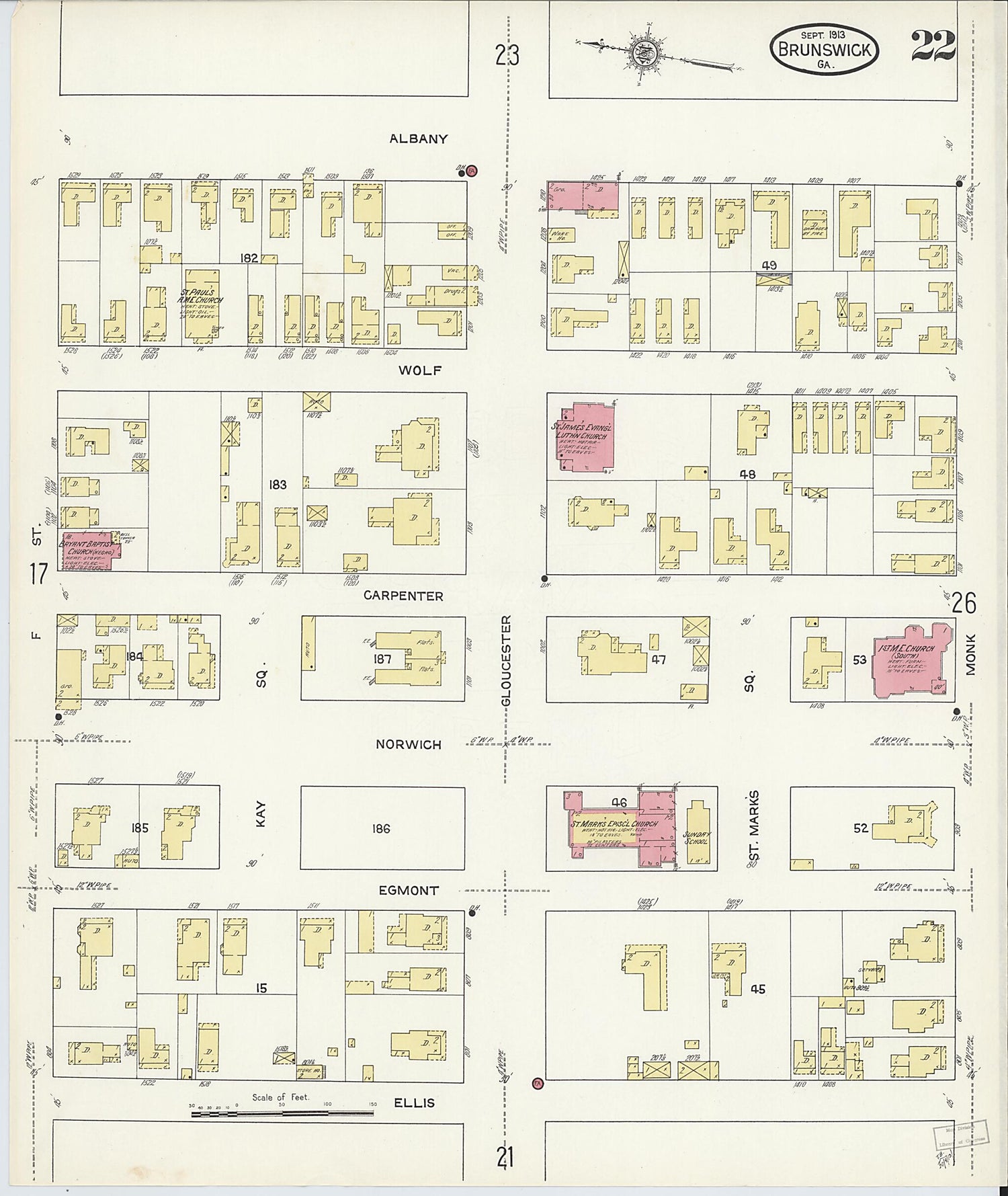 This old map of Brunswick, Glynn County, Georgia was created by Sanborn Map Company in 1913