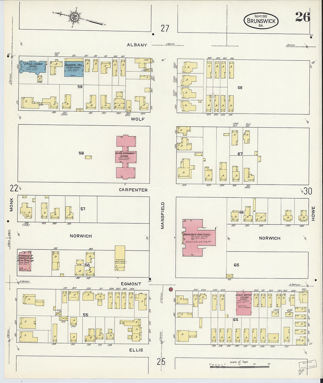 This old map of Brunswick, Glynn County, Georgia was created by Sanborn Map Company in 1913