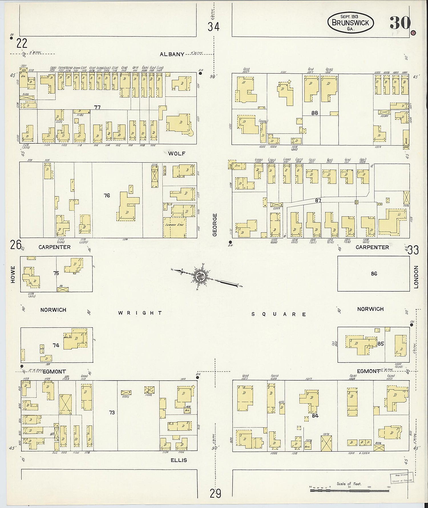 This old map of Brunswick, Glynn County, Georgia was created by Sanborn Map Company in 1913