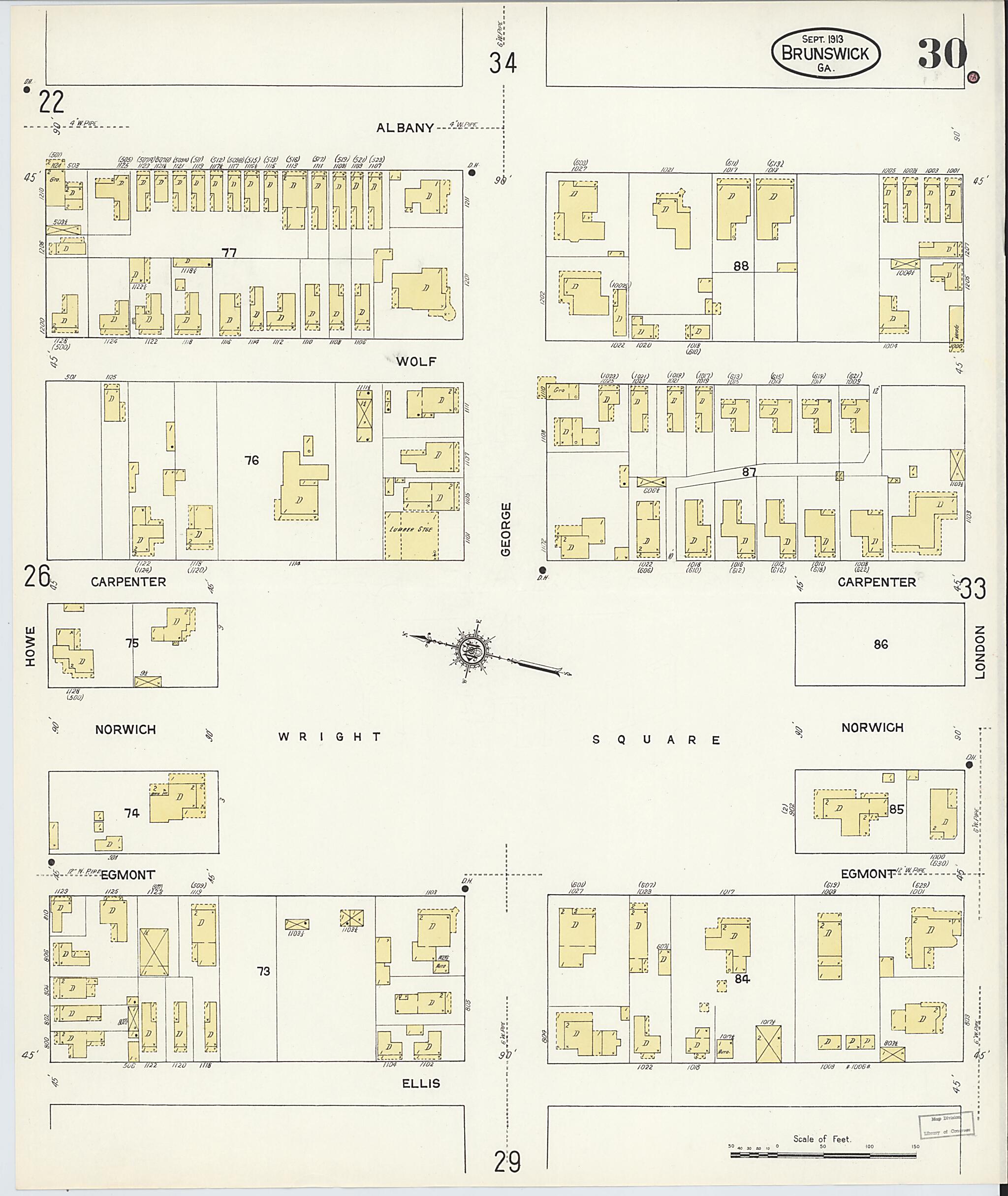 This old map of Brunswick, Glynn County, Georgia was created by Sanborn Map Company in 1913