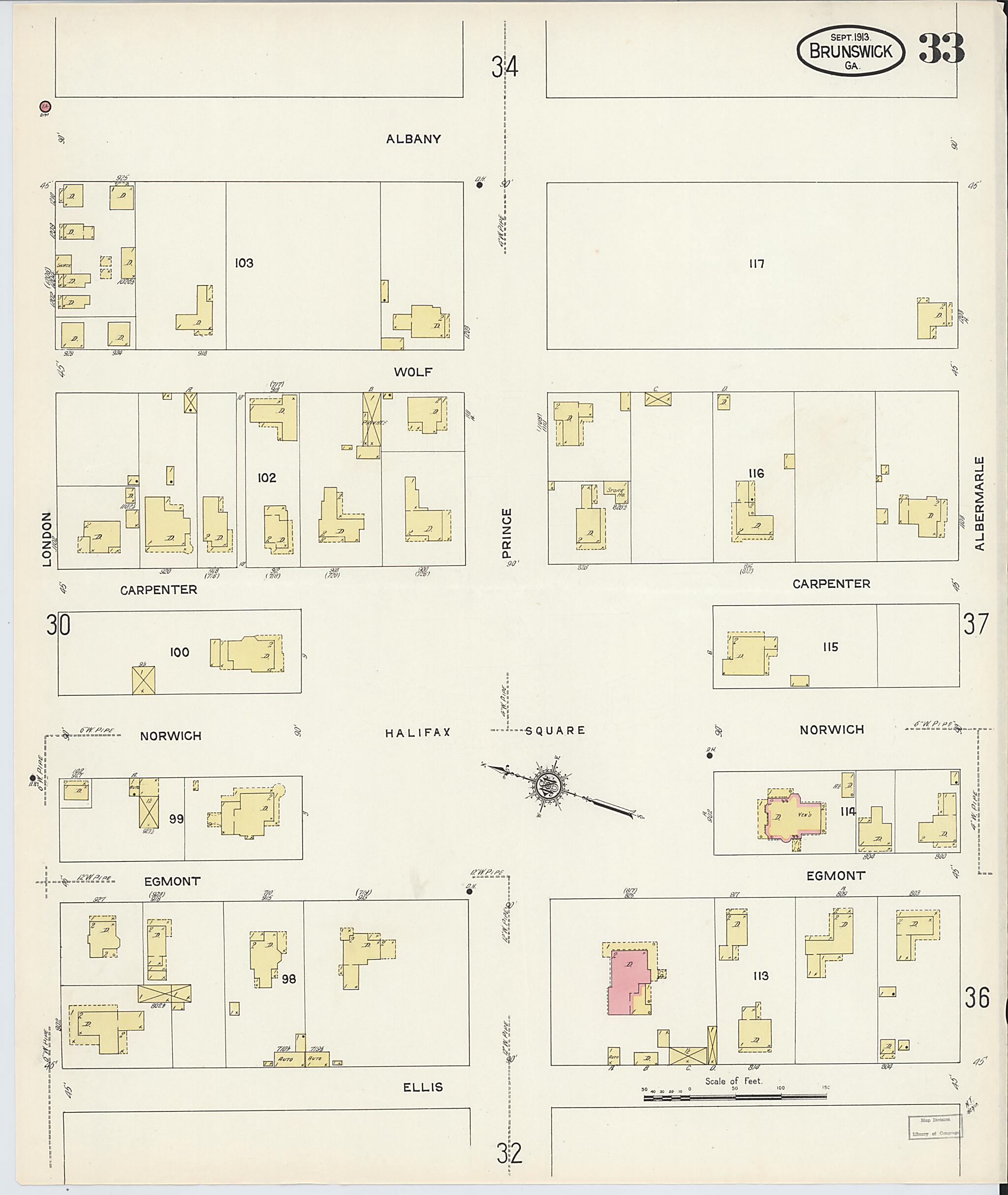 This old map of Brunswick, Glynn County, Georgia was created by Sanborn Map Company in 1913