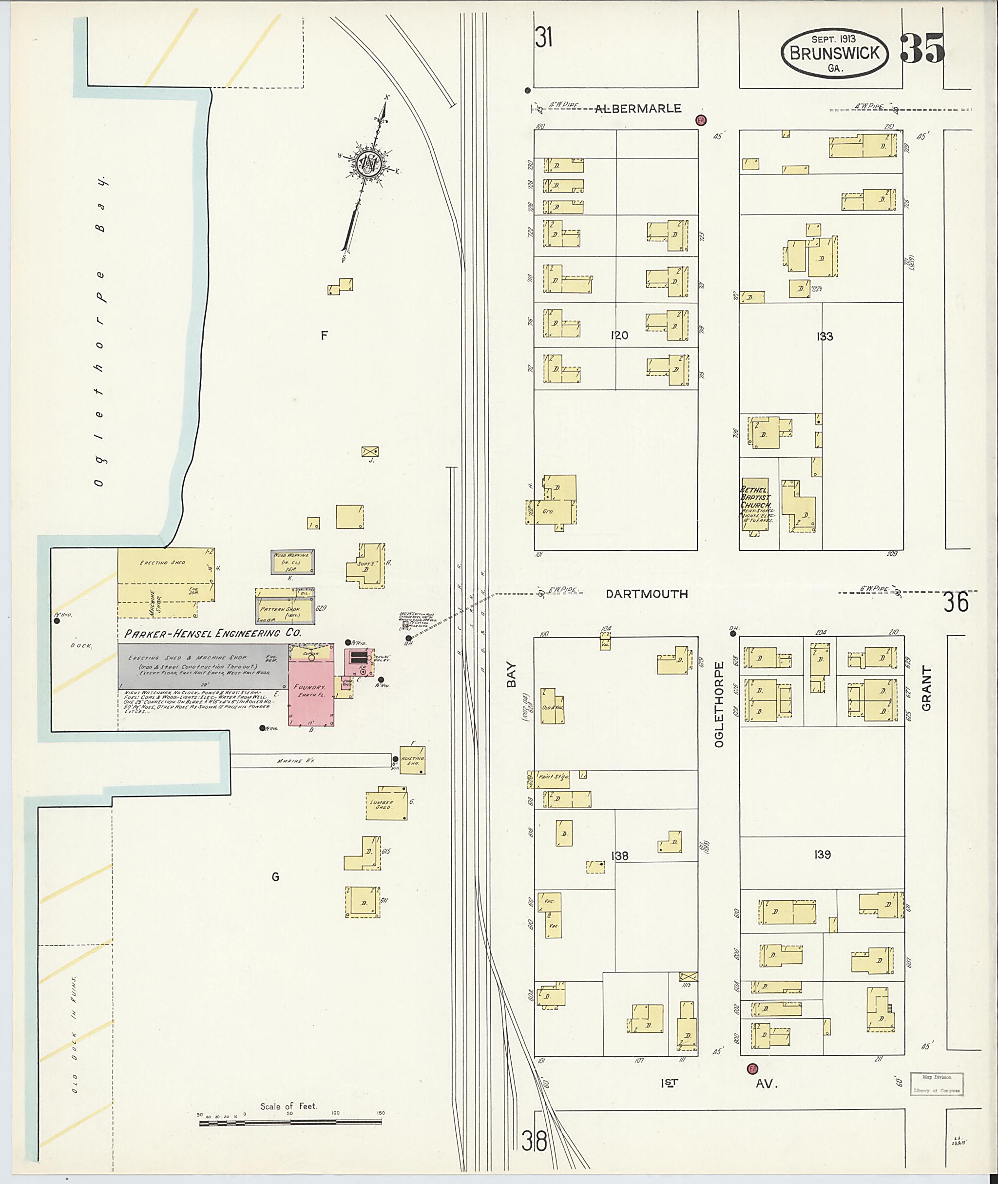 This old map of Brunswick, Glynn County, Georgia was created by Sanborn Map Company in 1913