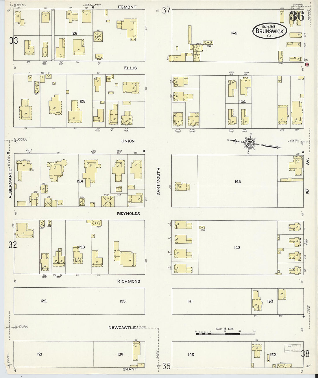 This old map of Brunswick, Glynn County, Georgia was created by Sanborn Map Company in 1913