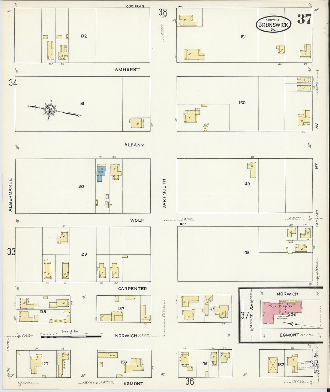 This old map of Brunswick, Glynn County, Georgia was created by Sanborn Map Company in 1913