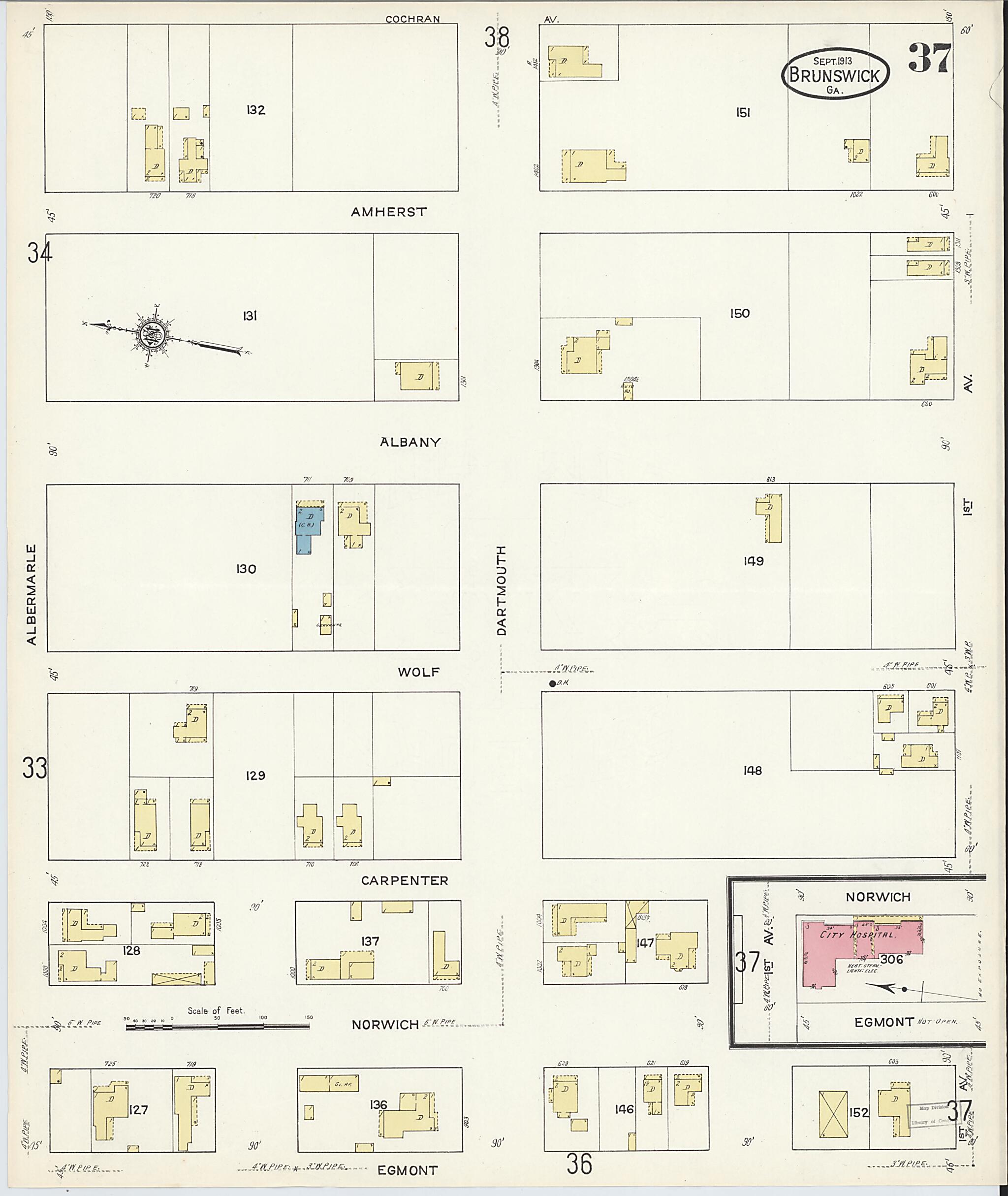 This old map of Brunswick, Glynn County, Georgia was created by Sanborn Map Company in 1913