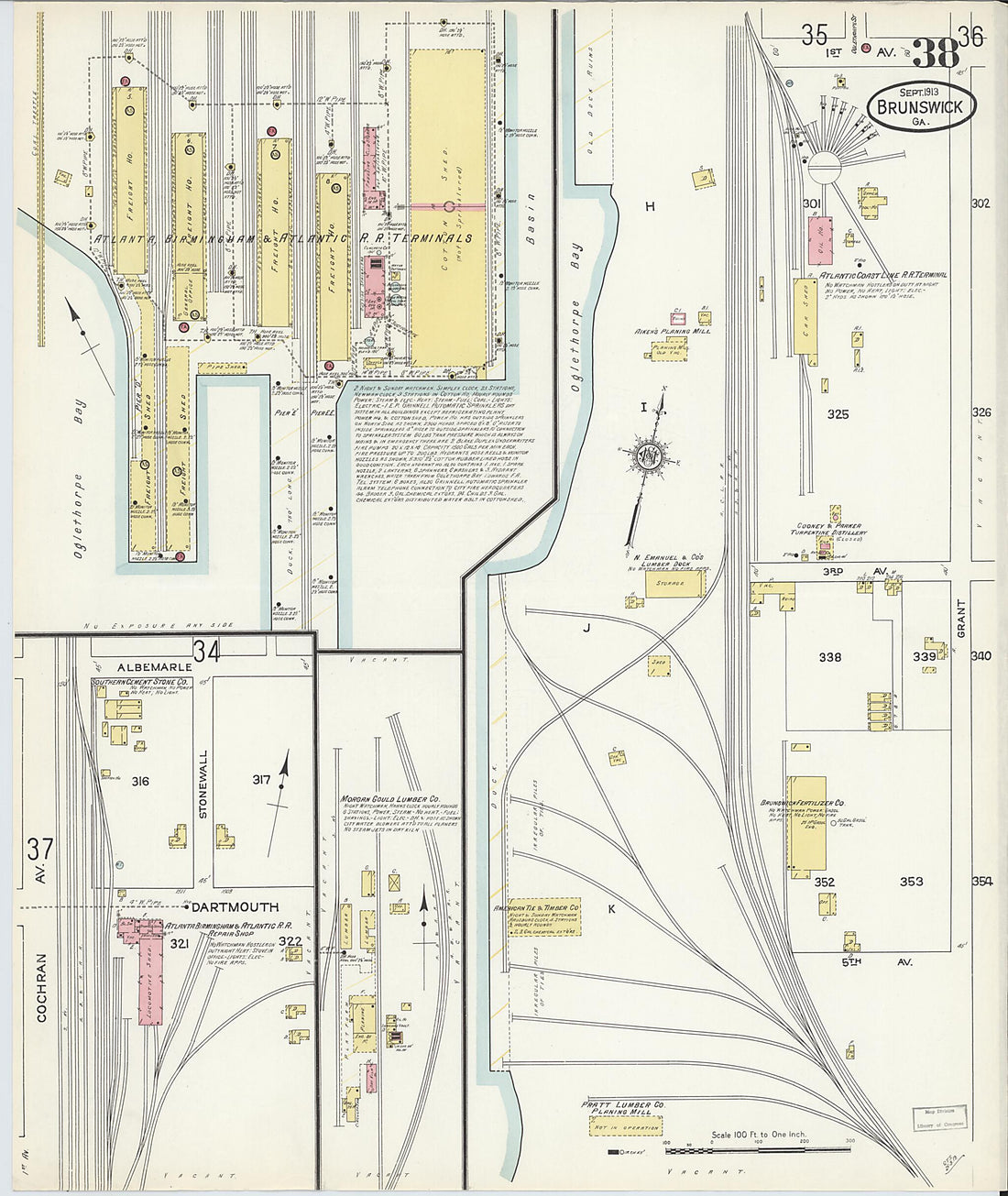 This old map of Brunswick, Glynn County, Georgia was created by Sanborn Map Company in 1913