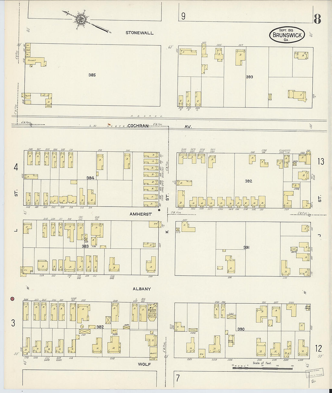 This old map of Brunswick, Glynn County, Georgia was created by Sanborn Map Company in 1913