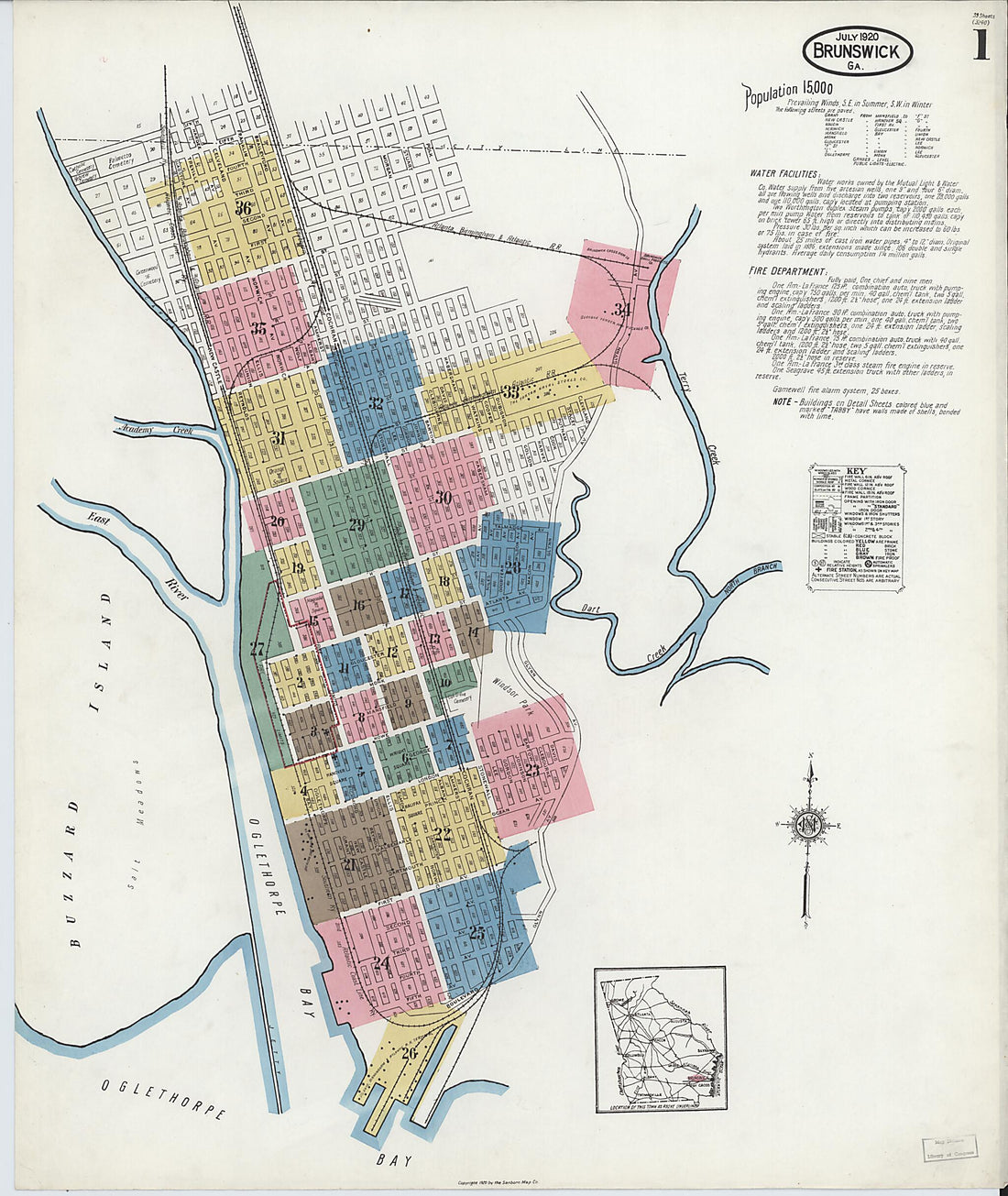 This old map of Brunswick, Glynn County, Georgia was created by Sanborn Map Company in 1920