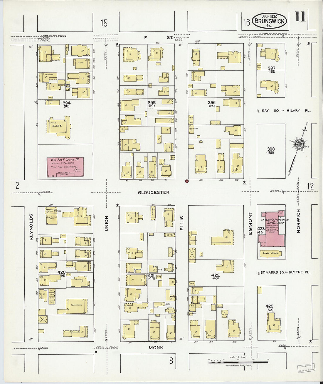 This old map of Brunswick, Glynn County, Georgia was created by Sanborn Map Company in 1920