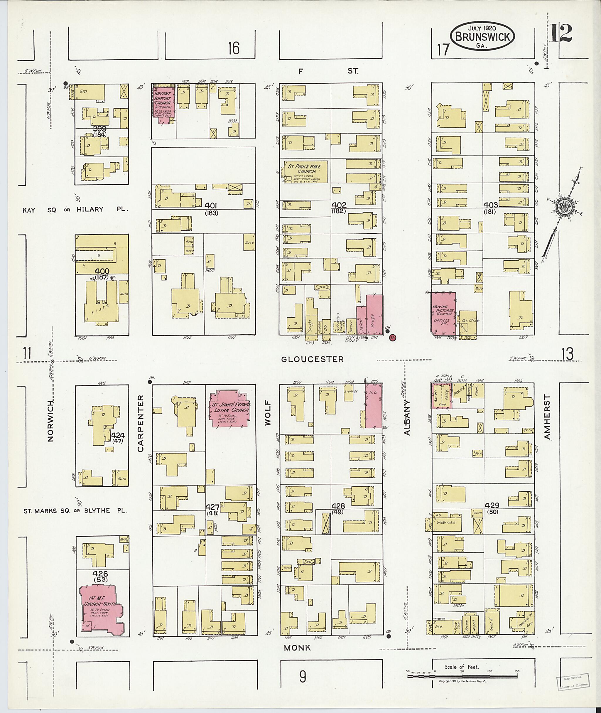 This old map of Brunswick, Glynn County, Georgia was created by Sanborn Map Company in 1920