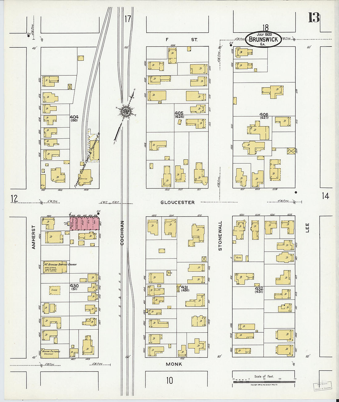 This old map of Brunswick, Glynn County, Georgia was created by Sanborn Map Company in 1920