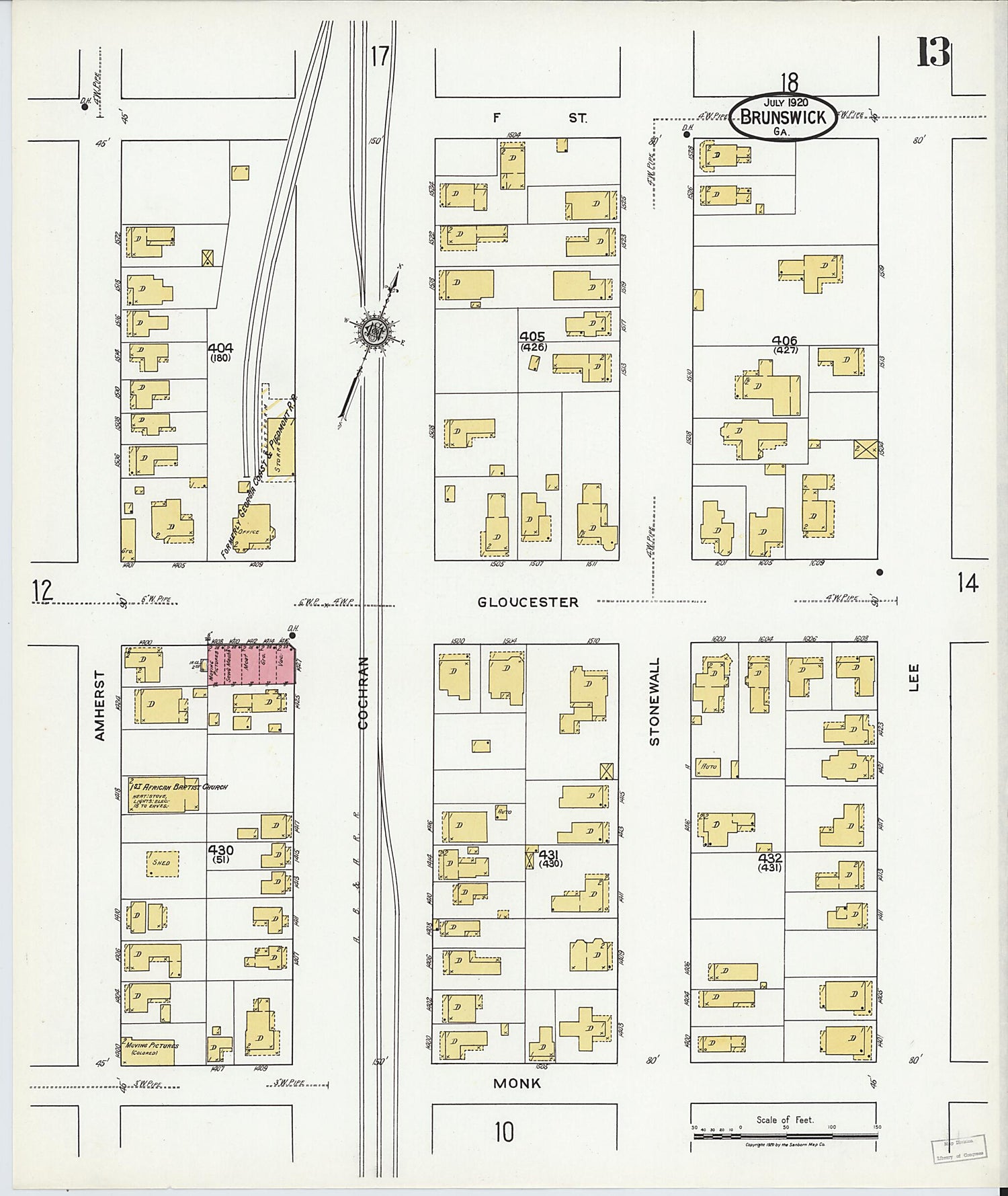 This old map of Brunswick, Glynn County, Georgia was created by Sanborn Map Company in 1920