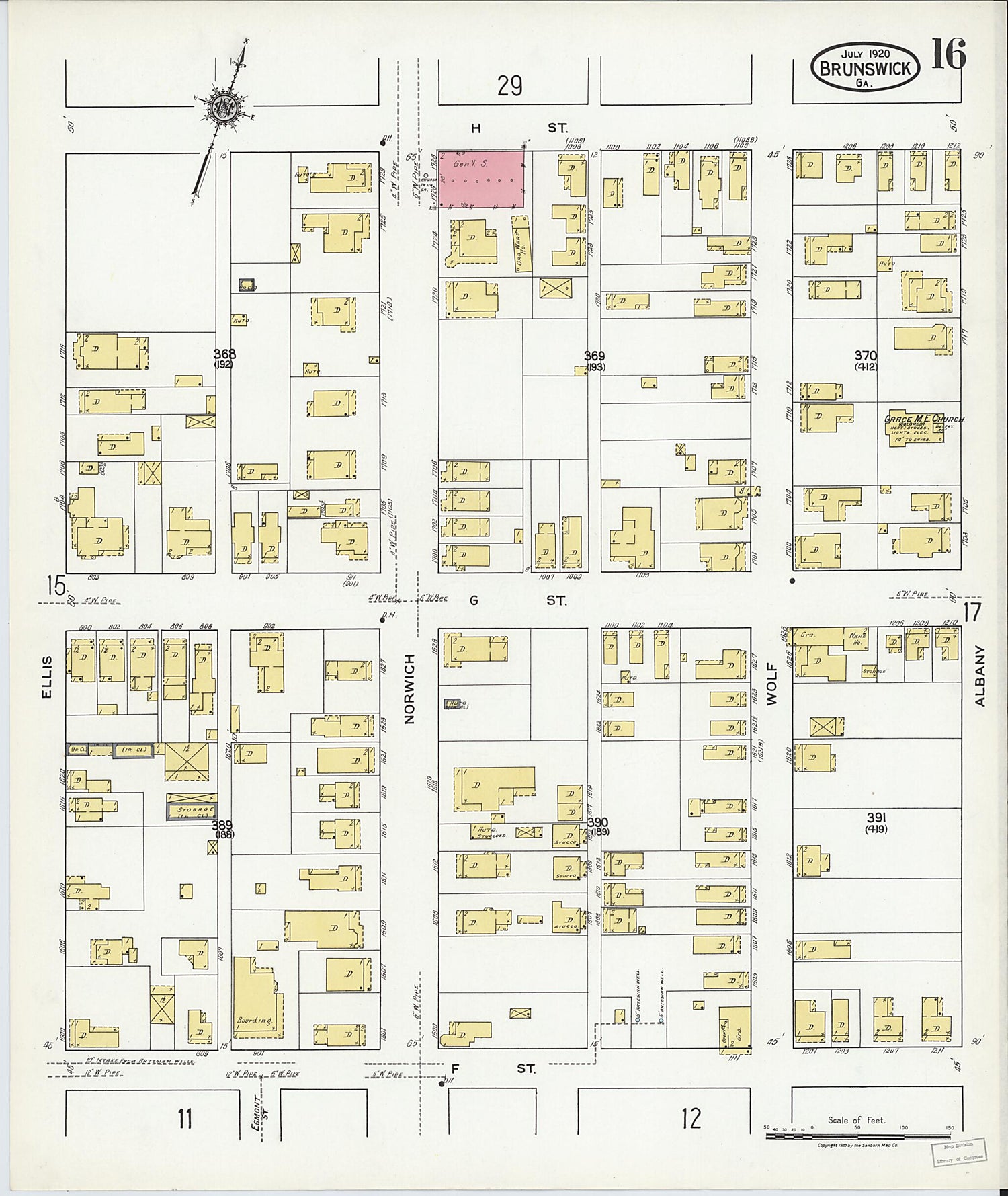 This old map of Brunswick, Glynn County, Georgia was created by Sanborn Map Company in 1920