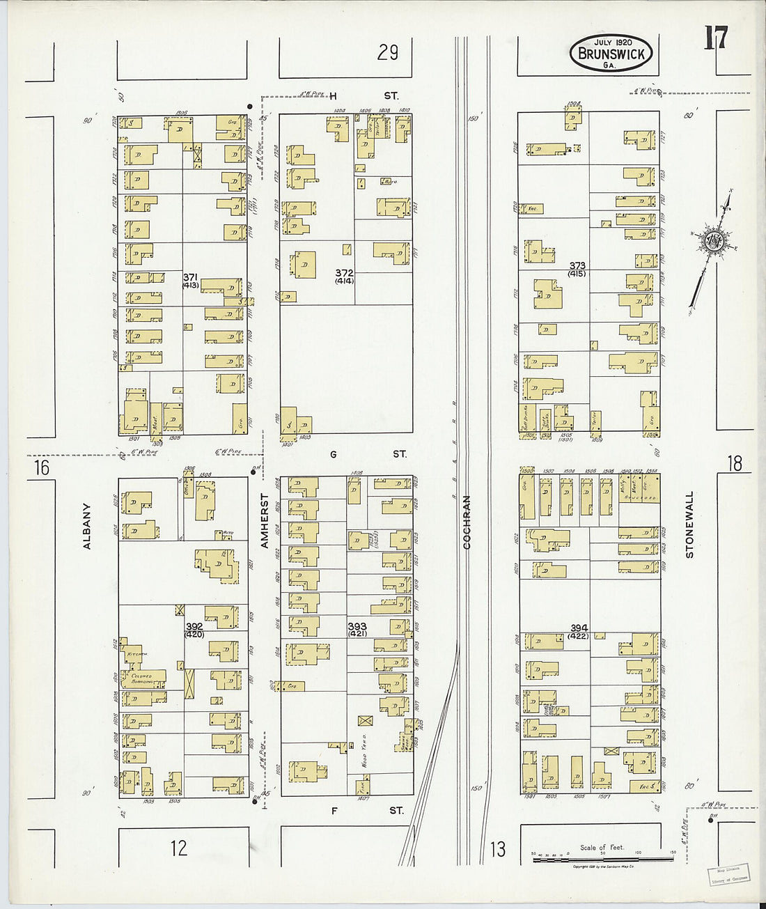 This old map of Brunswick, Glynn County, Georgia was created by Sanborn Map Company in 1920