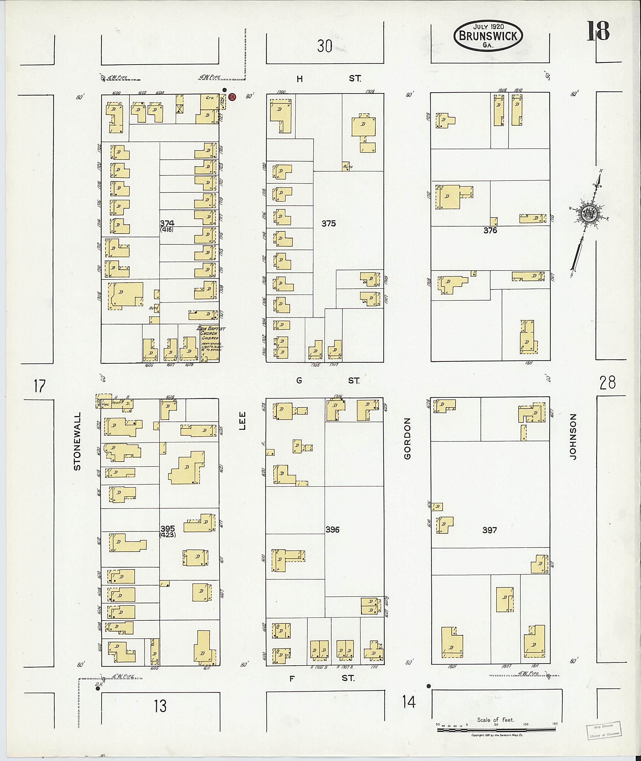 This old map of Brunswick, Glynn County, Georgia was created by Sanborn Map Company in 1920