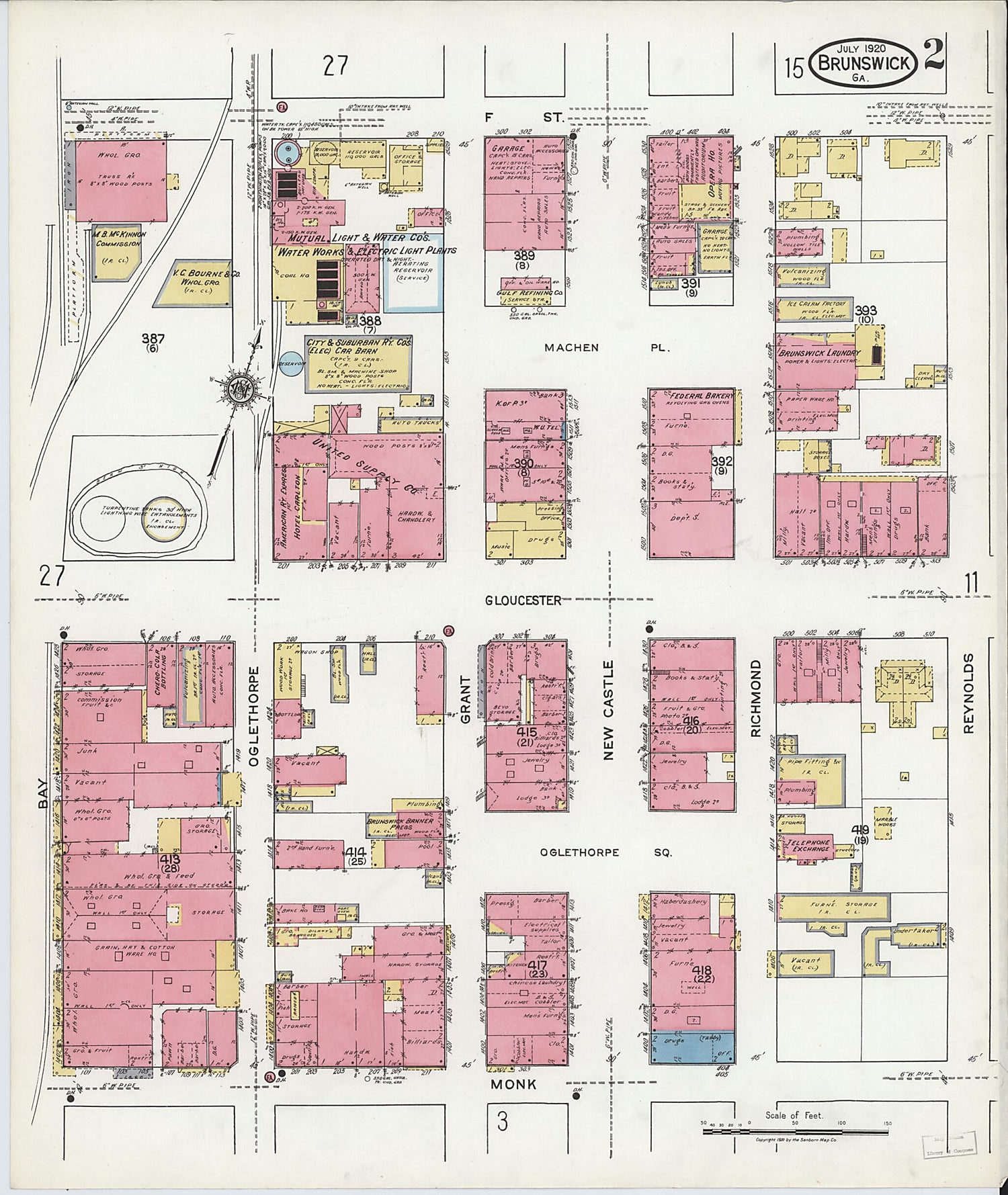 This old map of Brunswick, Glynn County, Georgia was created by Sanborn Map Company in 1920