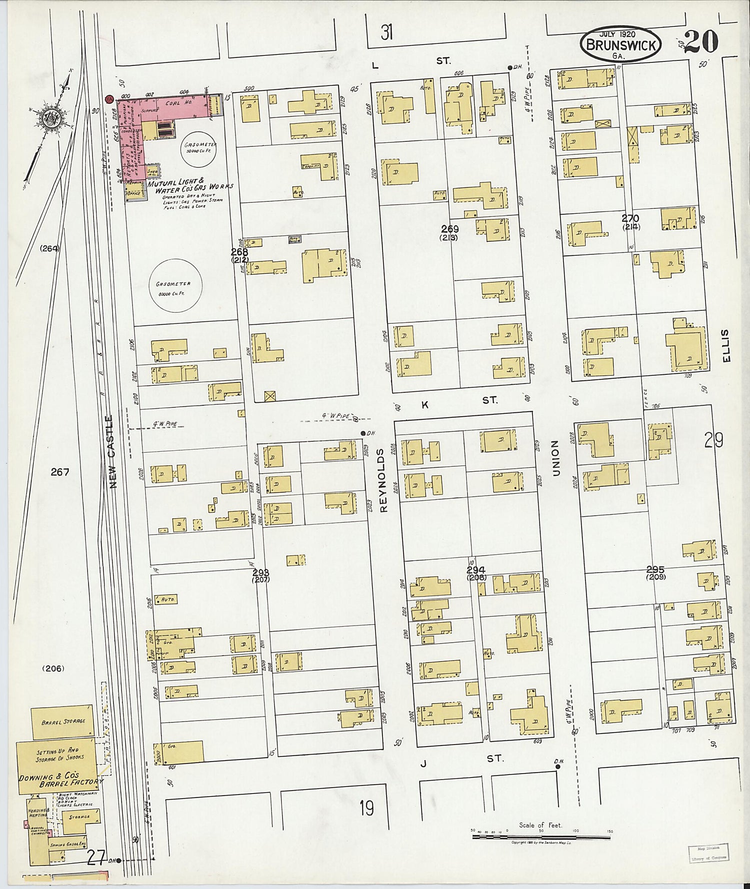 This old map of Brunswick, Glynn County, Georgia was created by Sanborn Map Company in 1920