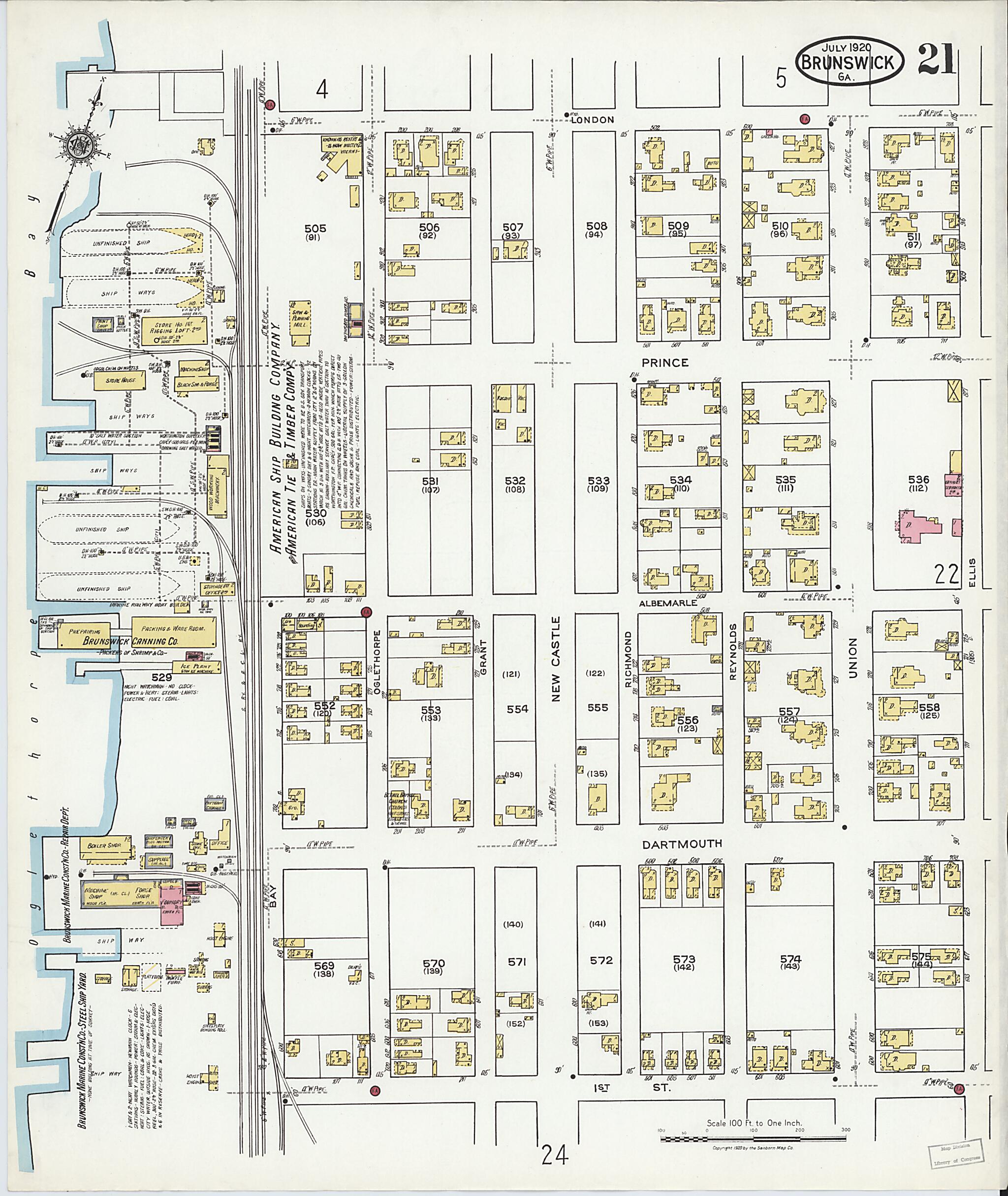 This old map of Brunswick, Glynn County, Georgia was created by Sanborn Map Company in 1920