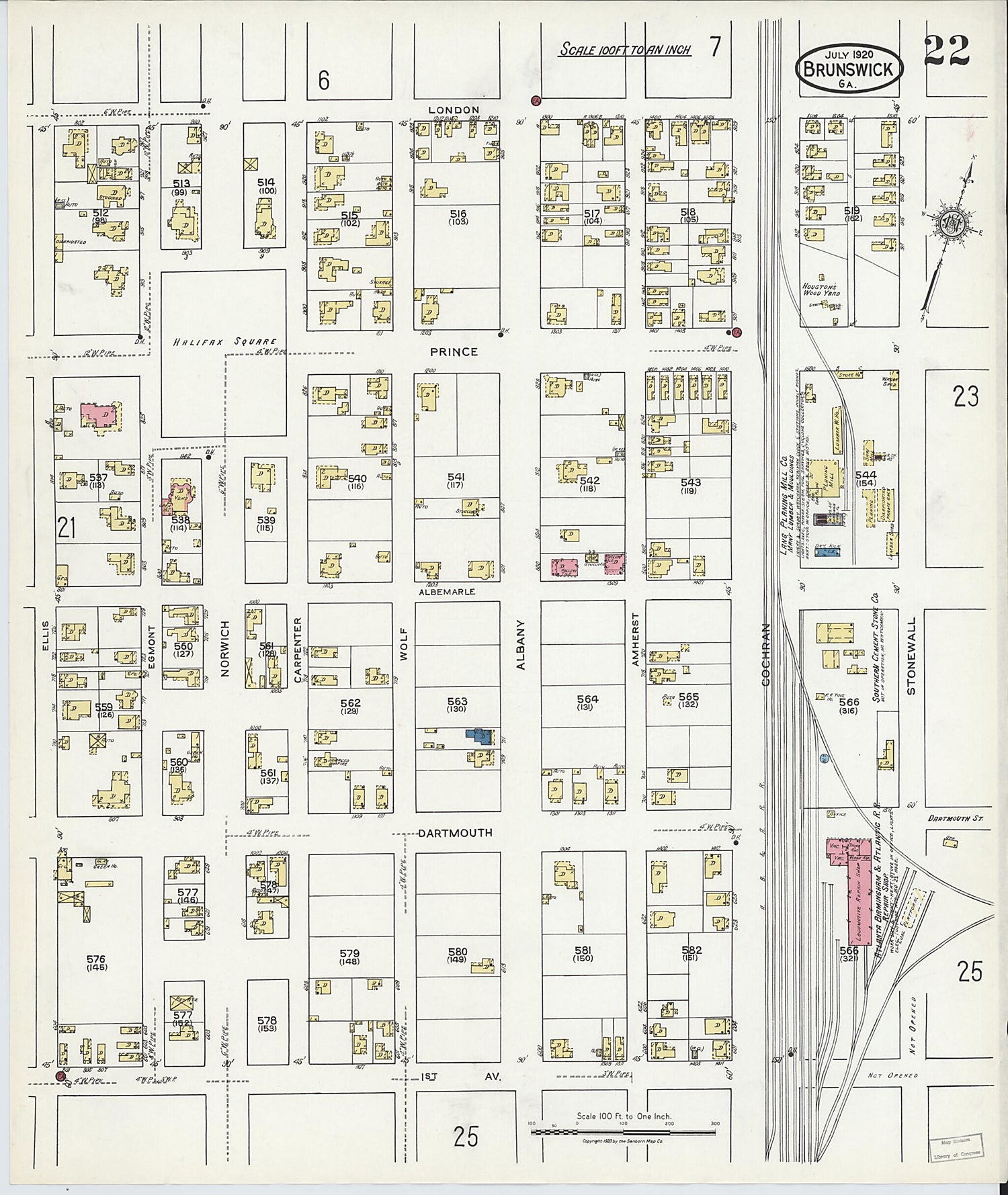 This old map of Brunswick, Glynn County, Georgia was created by Sanborn Map Company in 1920