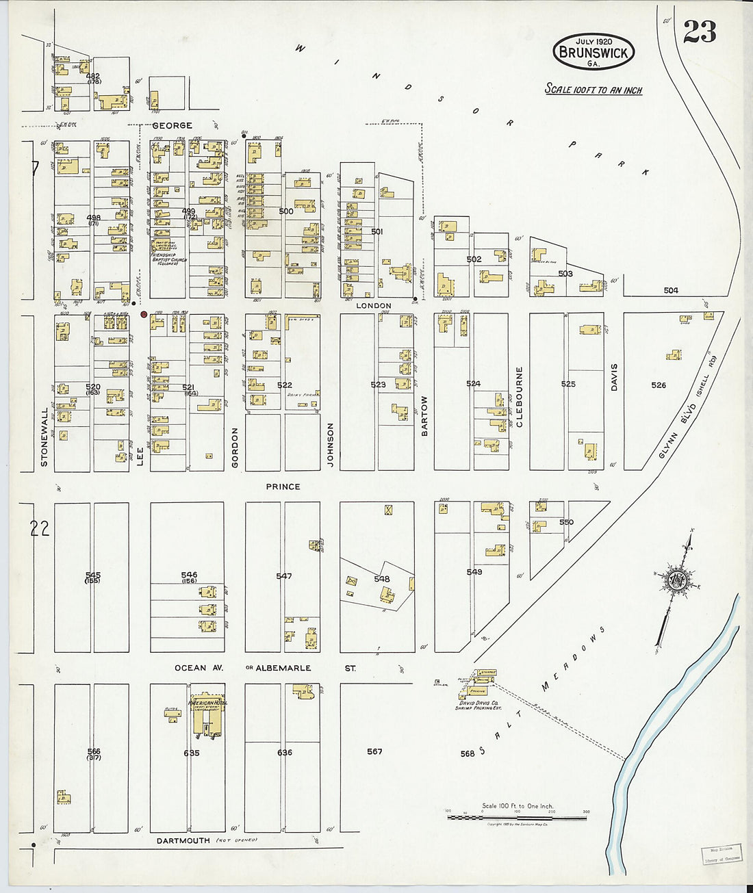 This old map of Brunswick, Glynn County, Georgia was created by Sanborn Map Company in 1920