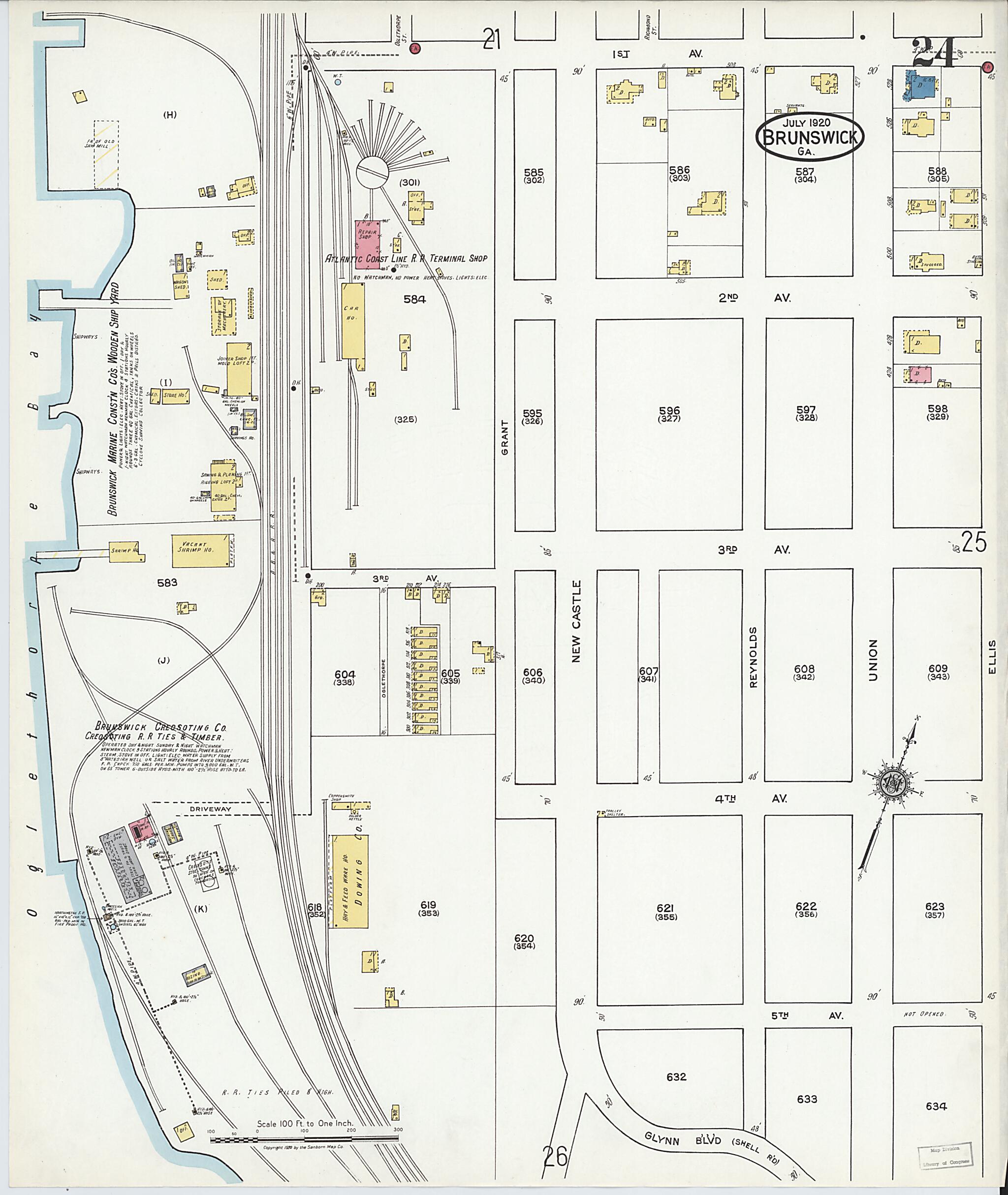 This old map of Brunswick, Glynn County, Georgia was created by Sanborn Map Company in 1920