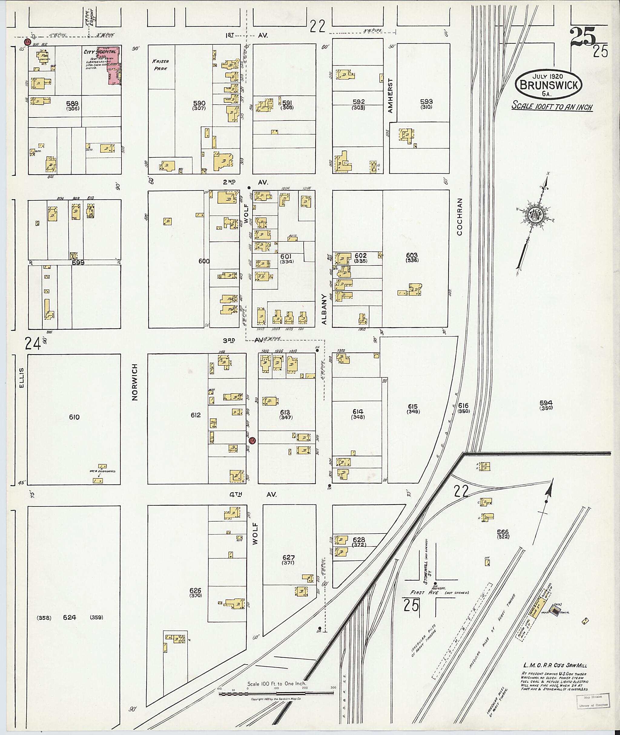 This old map of Brunswick, Glynn County, Georgia was created by Sanborn Map Company in 1920