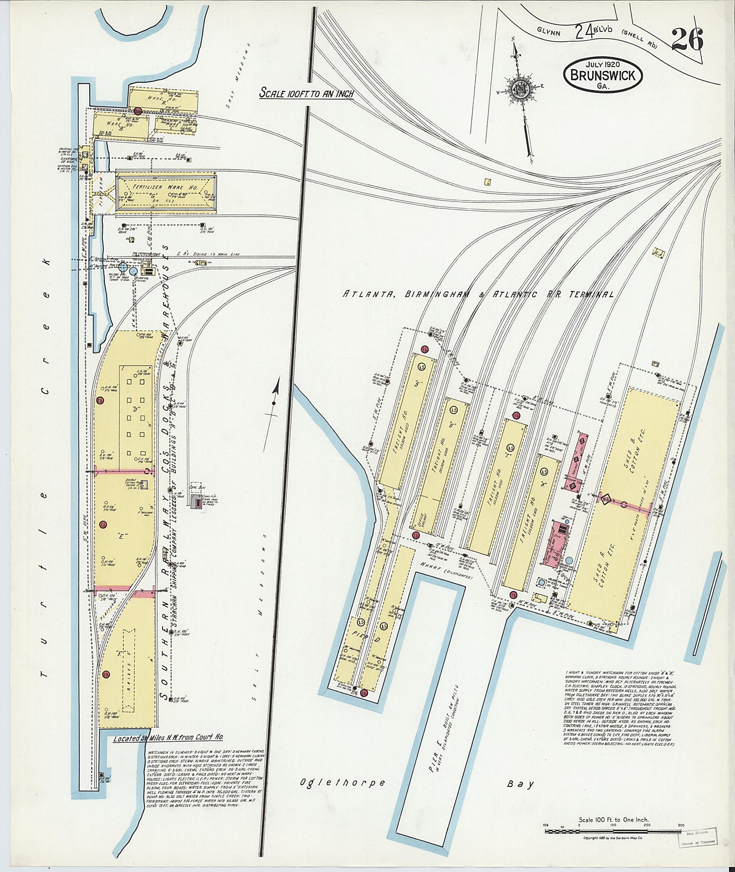 This old map of Brunswick, Glynn County, Georgia was created by Sanborn Map Company in 1920