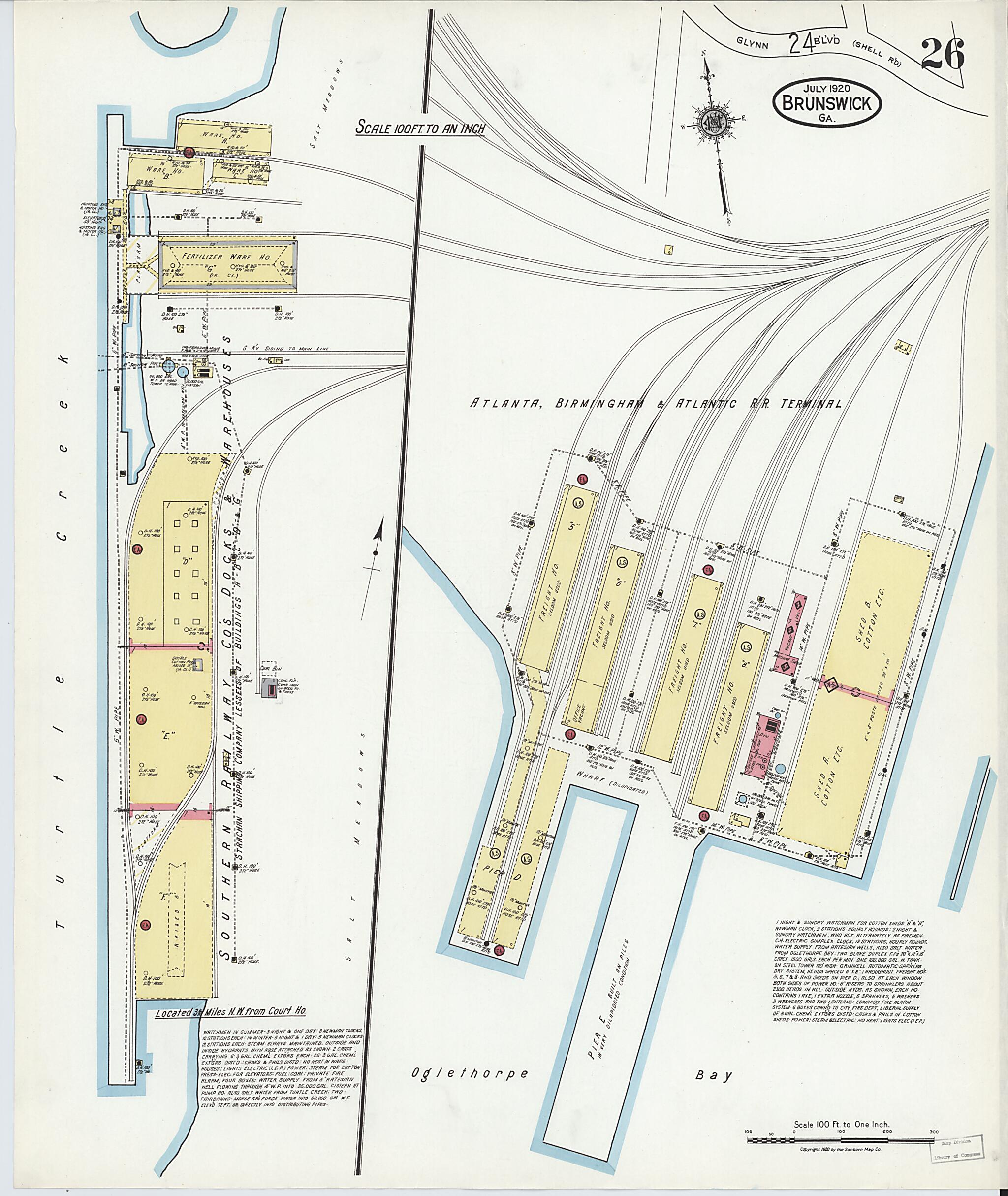 This old map of Brunswick, Glynn County, Georgia was created by Sanborn Map Company in 1920