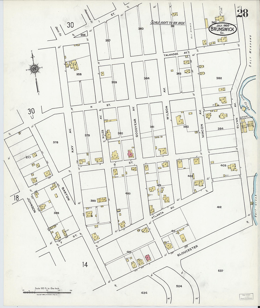 This old map of Brunswick, Glynn County, Georgia was created by Sanborn Map Company in 1920