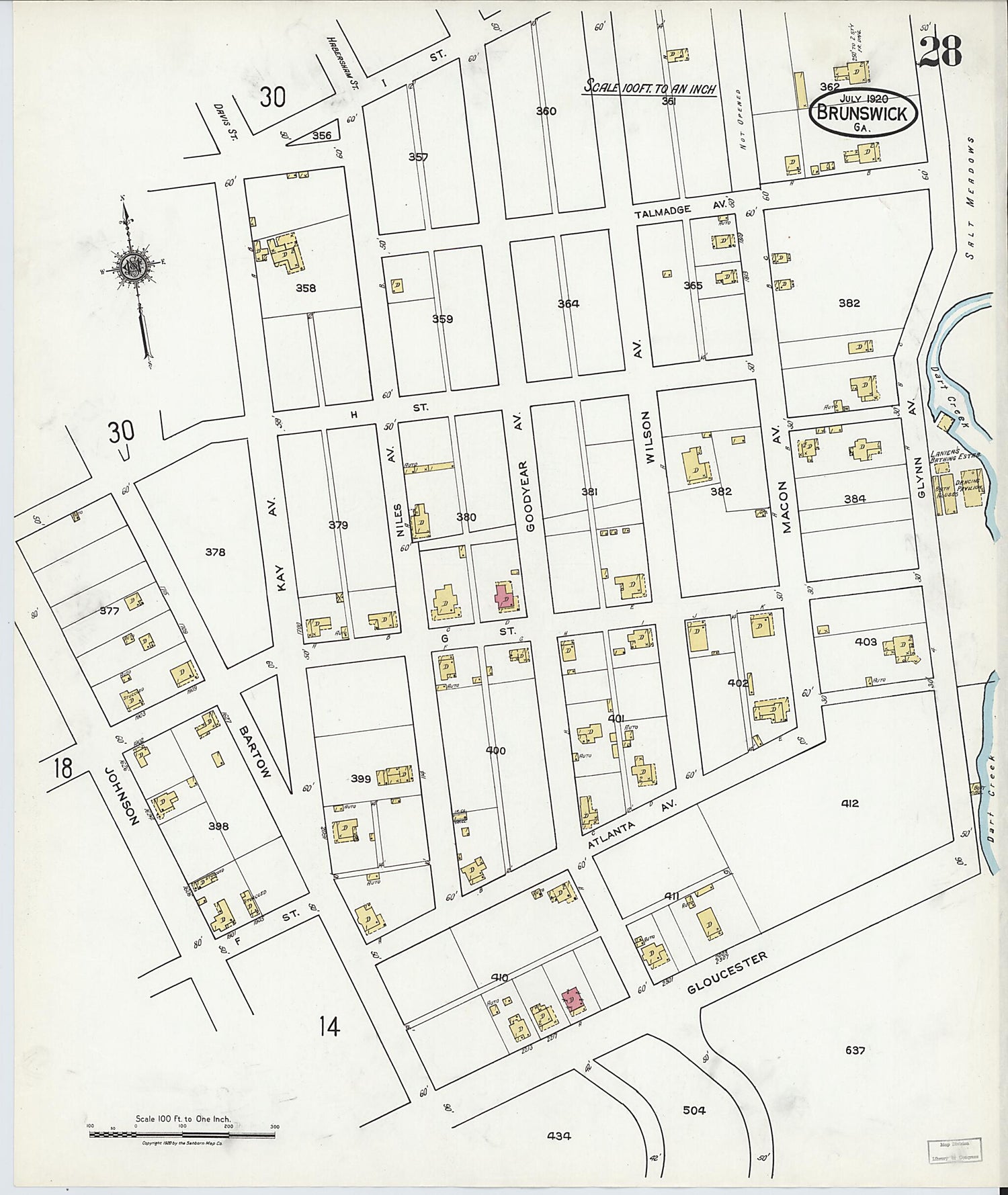 This old map of Brunswick, Glynn County, Georgia was created by Sanborn Map Company in 1920