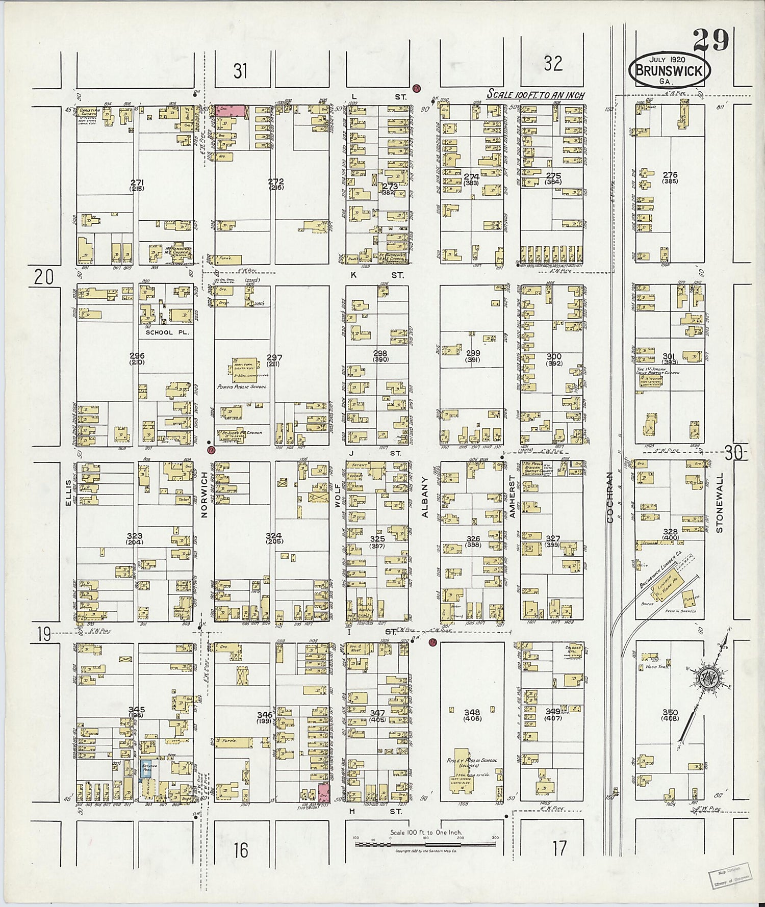 This old map of Brunswick, Glynn County, Georgia was created by Sanborn Map Company in 1920