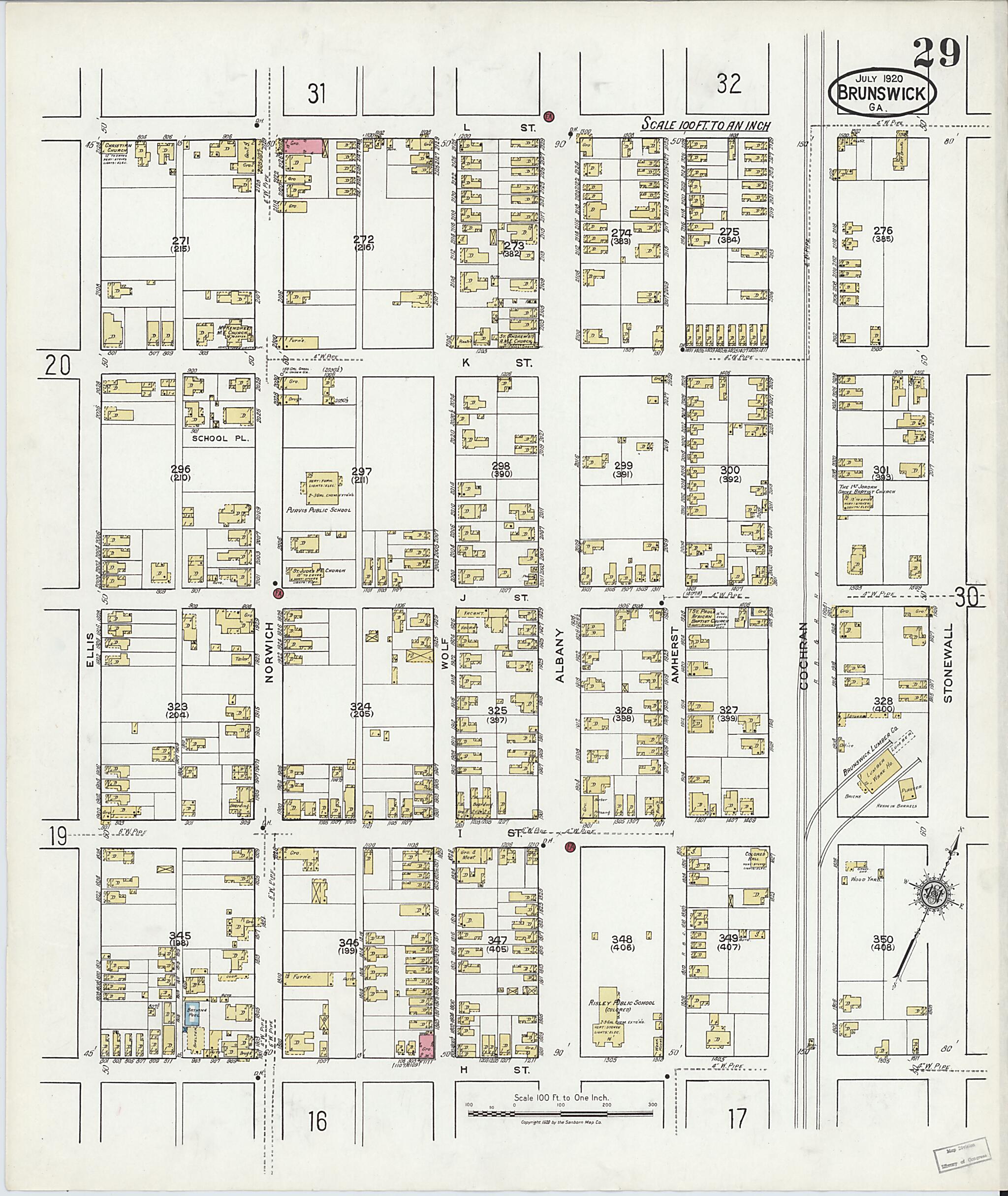 This old map of Brunswick, Glynn County, Georgia was created by Sanborn Map Company in 1920