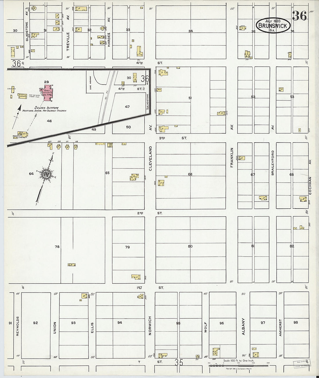 This old map of Brunswick, Glynn County, Georgia was created by Sanborn Map Company in 1920