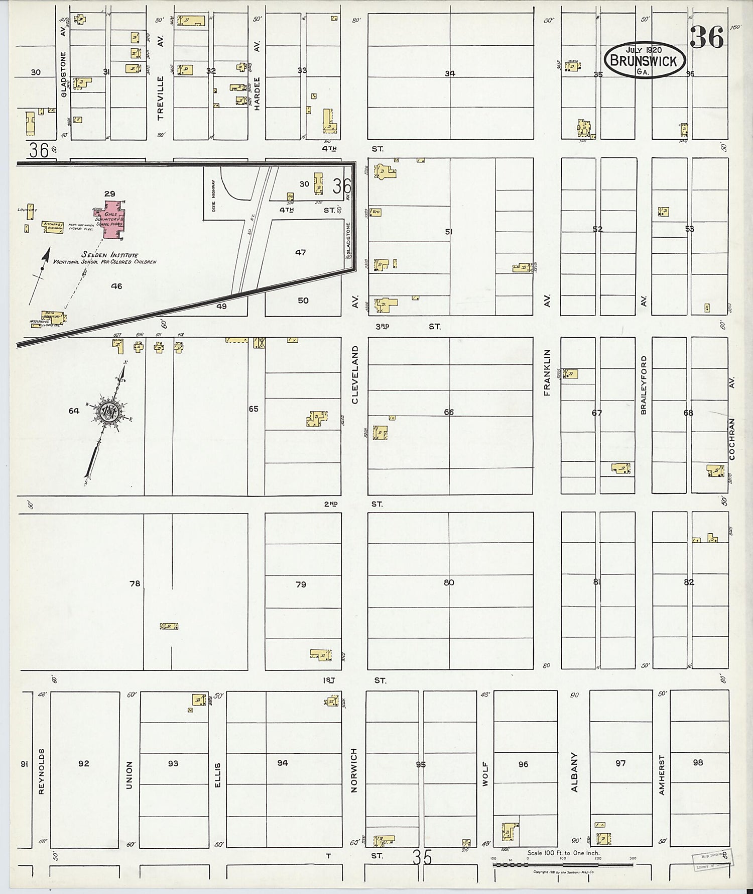 This old map of Brunswick, Glynn County, Georgia was created by Sanborn Map Company in 1920