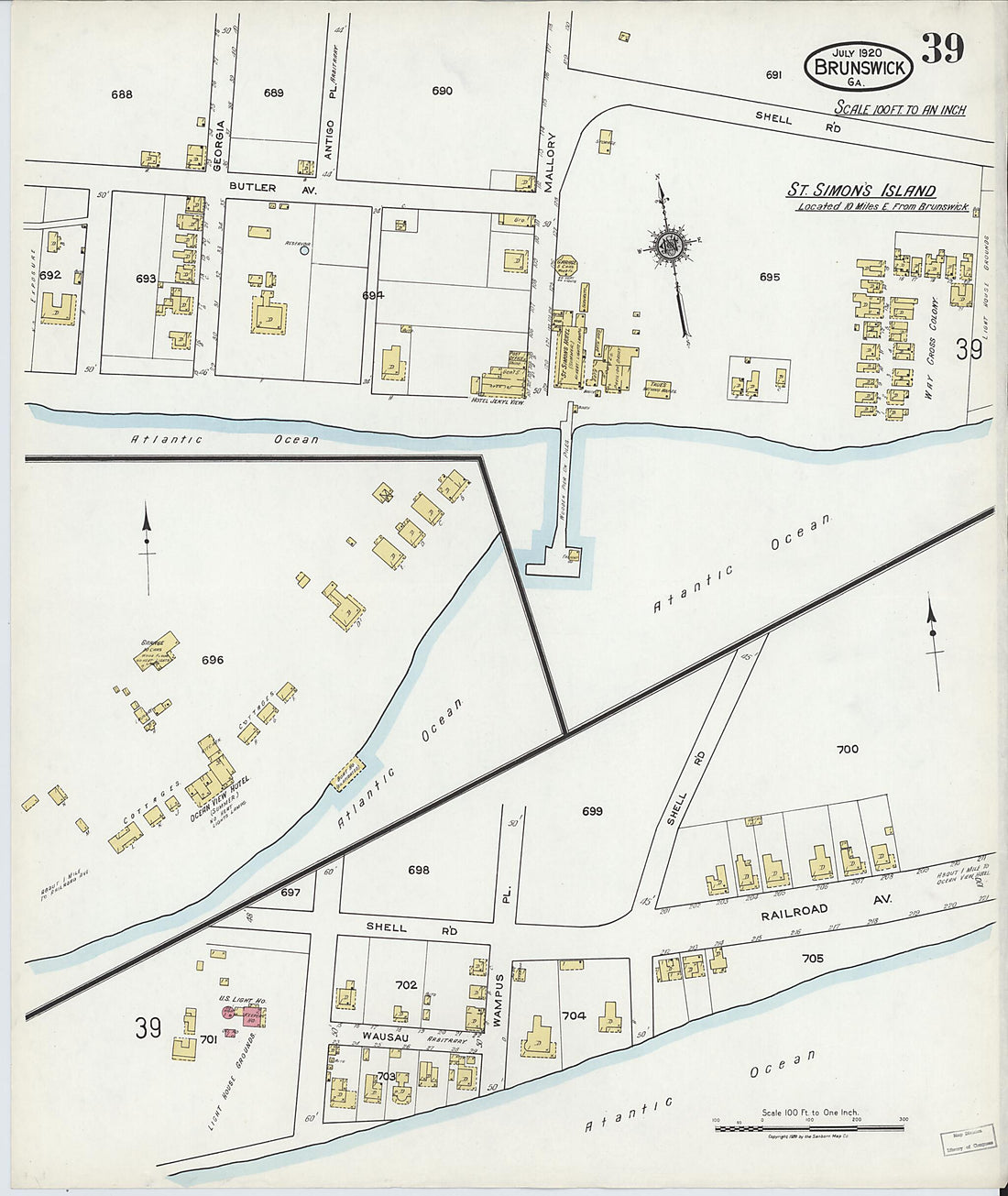 This old map of Brunswick, Glynn County, Georgia was created by Sanborn Map Company in 1920