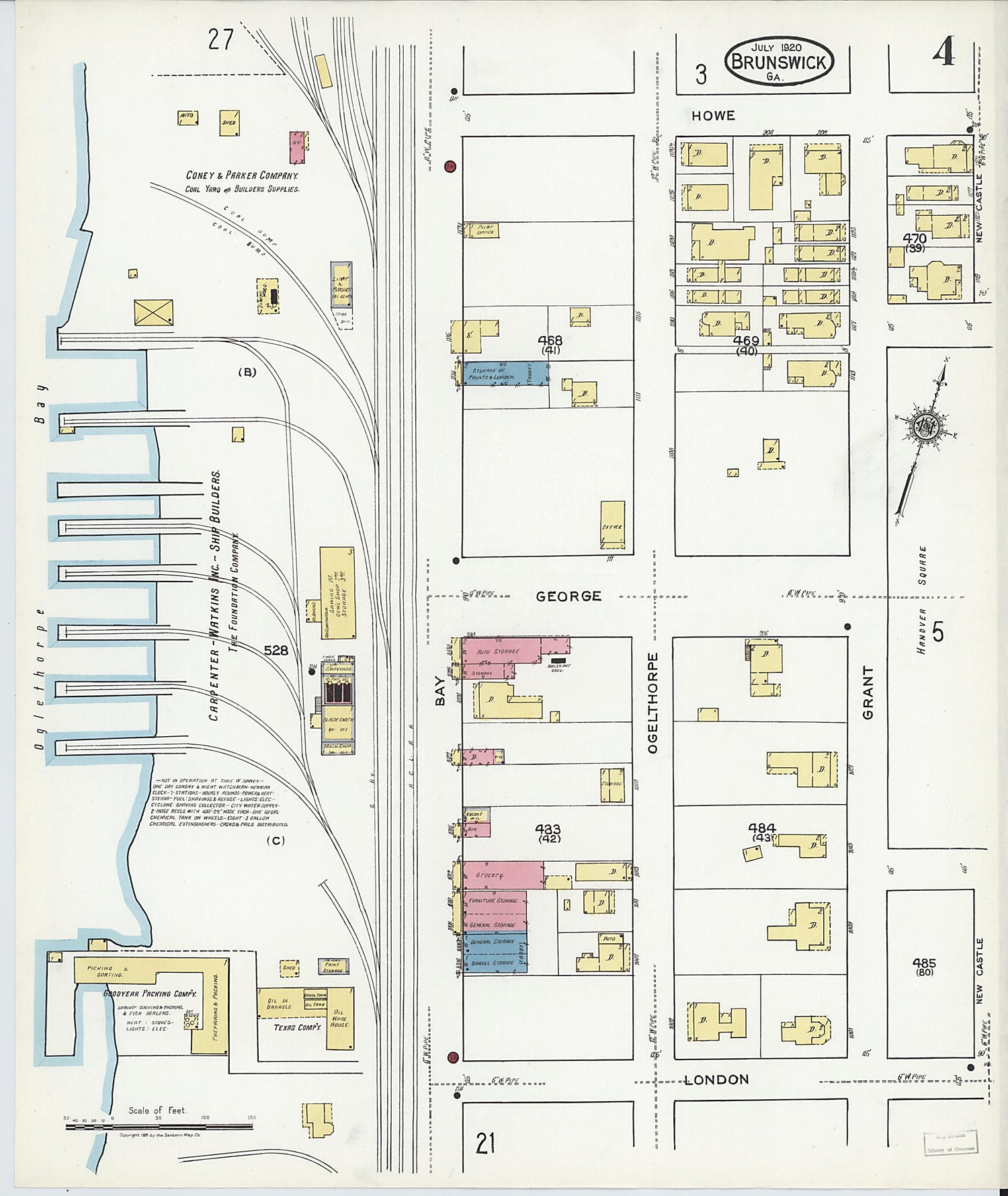 This old map of Brunswick, Glynn County, Georgia was created by Sanborn Map Company in 1920