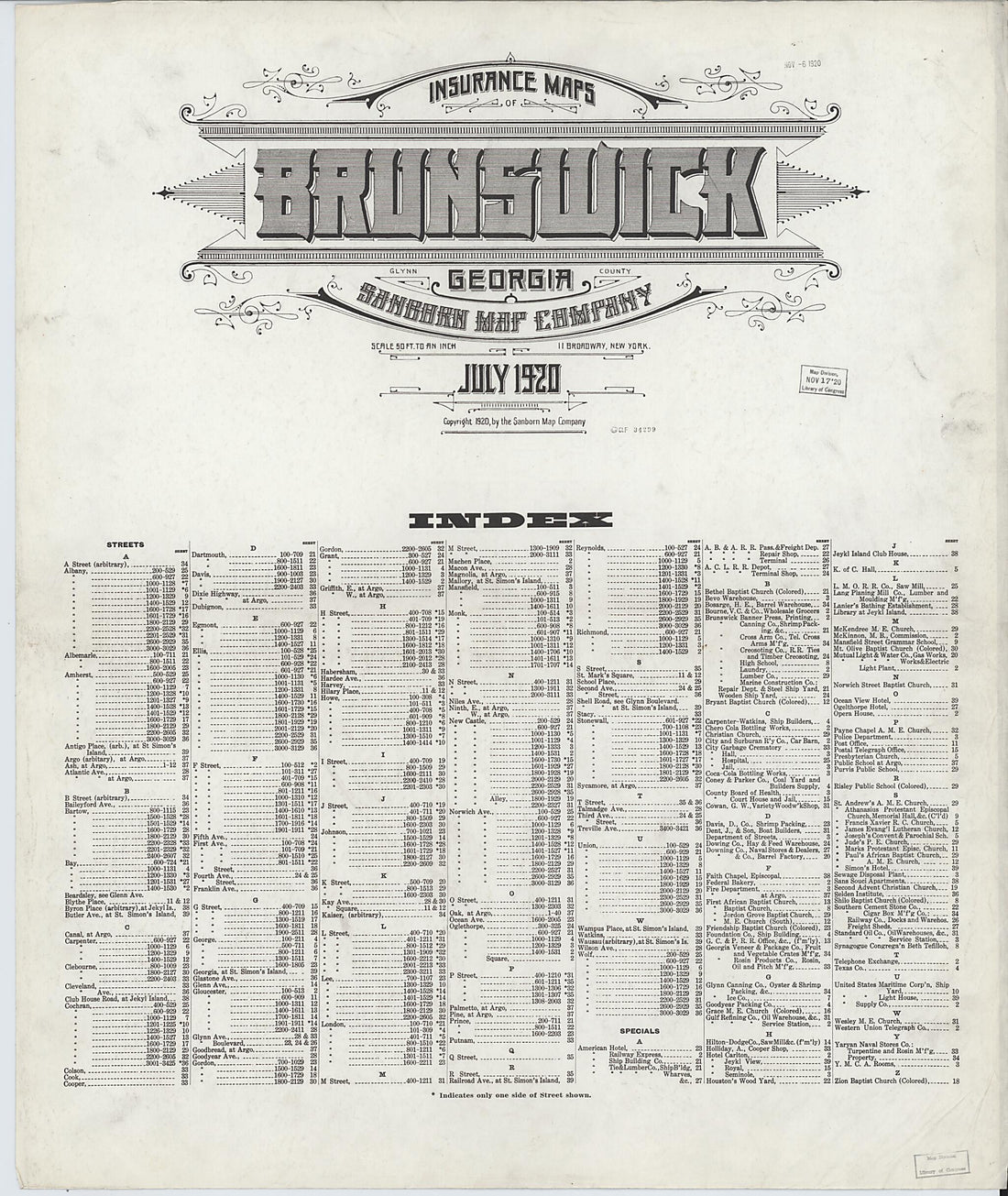 This old map of Brunswick, Glynn County, Georgia was created by Sanborn Map Company in 1920