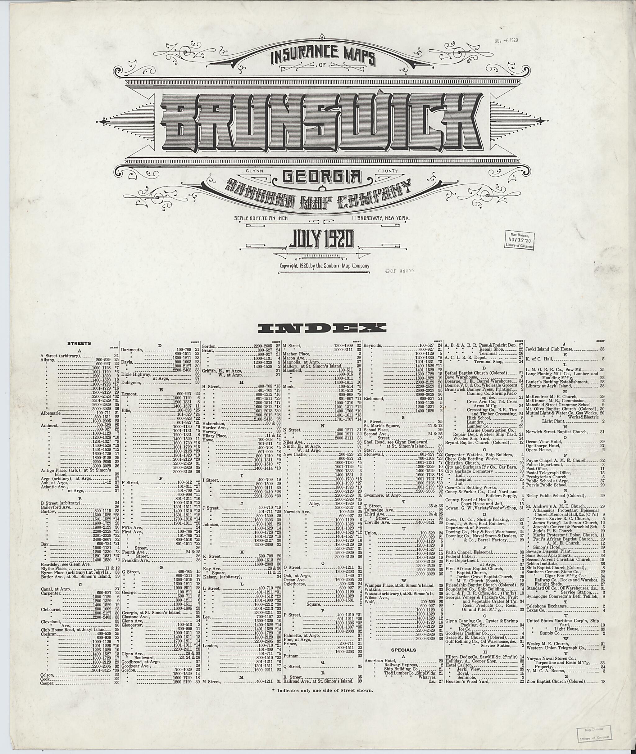 This old map of Brunswick, Glynn County, Georgia was created by Sanborn Map Company in 1920