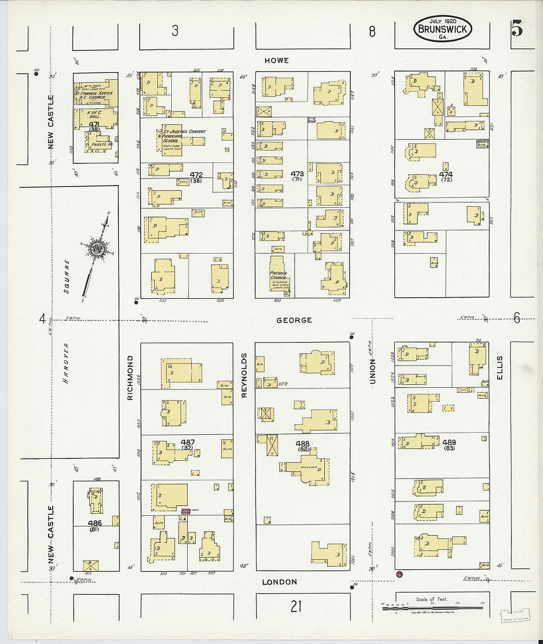 This old map of Brunswick, Glynn County, Georgia was created by Sanborn Map Company in 1920